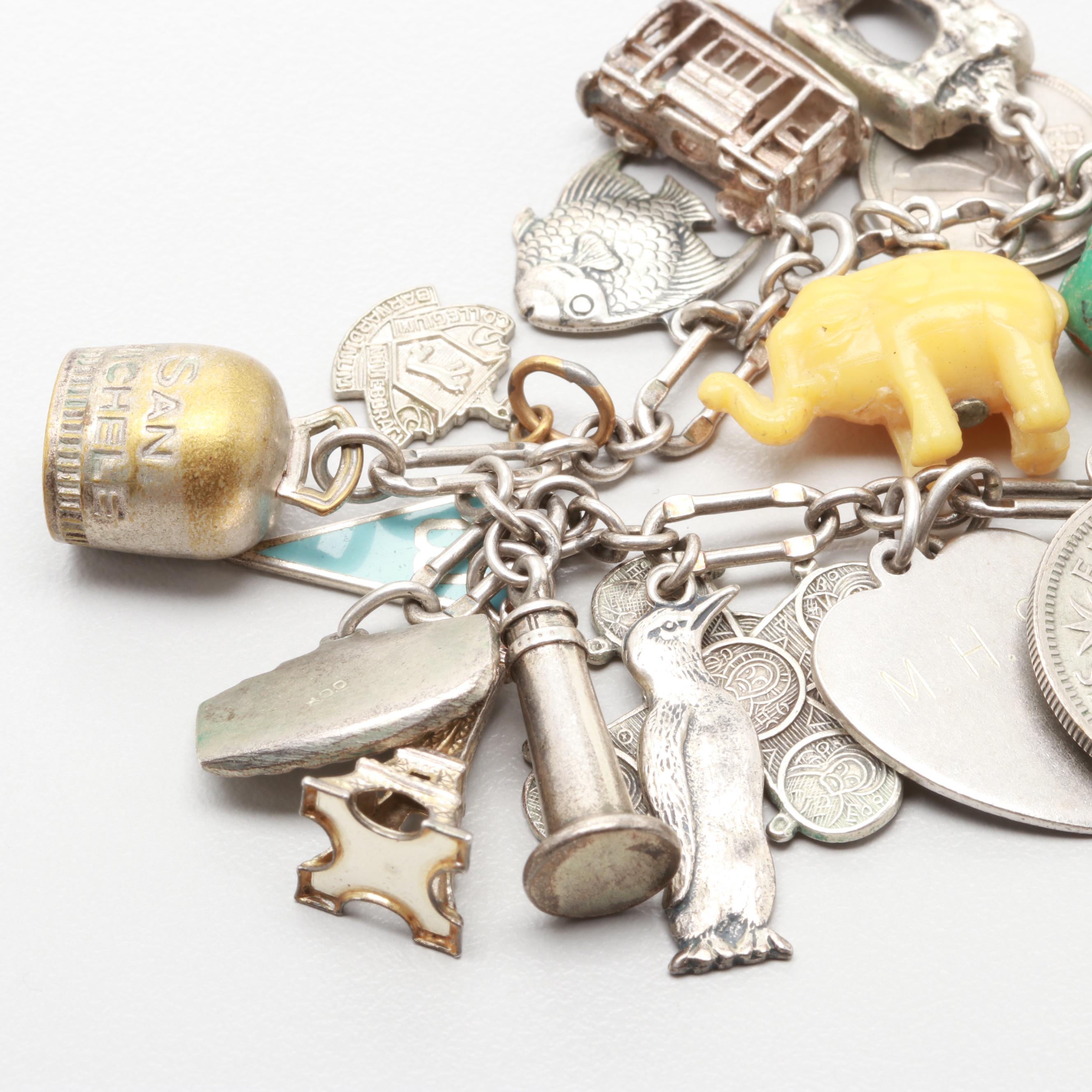 Vintage Sterling Silver Charm Bracelet with Plastic and Turquoise Accents