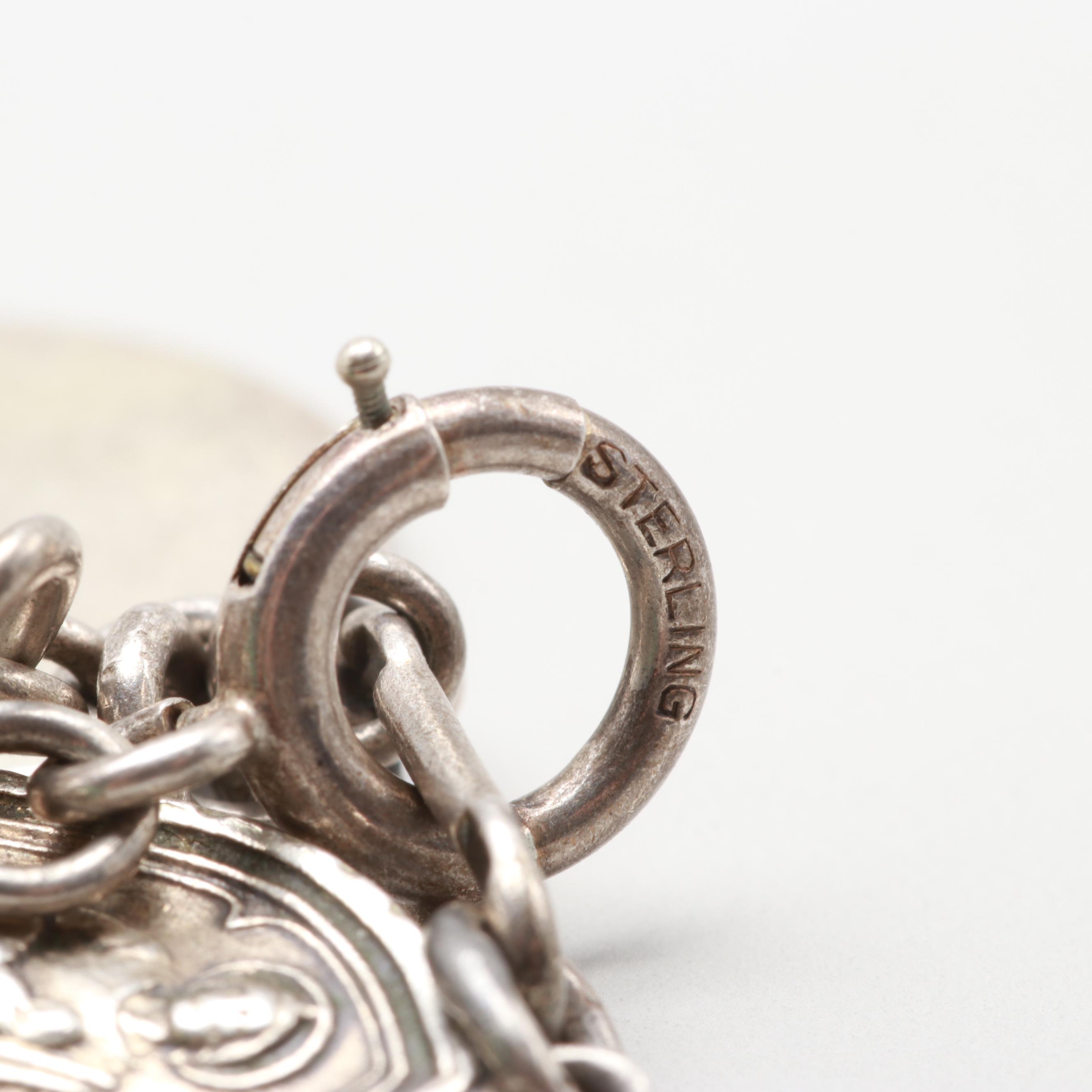 Vintage Sterling Silver Charm Bracelet with Plastic and Turquoise Accents