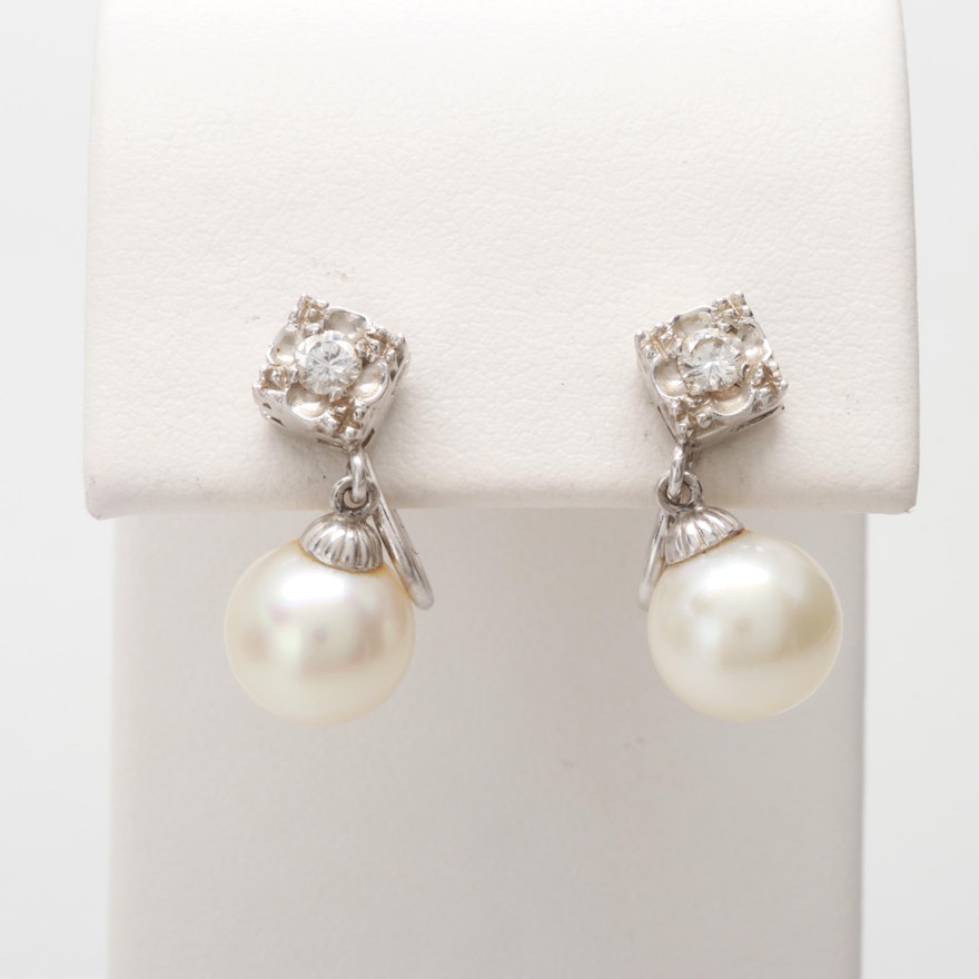 14K White Gold Cultured Pearl and Diamond Earrings
