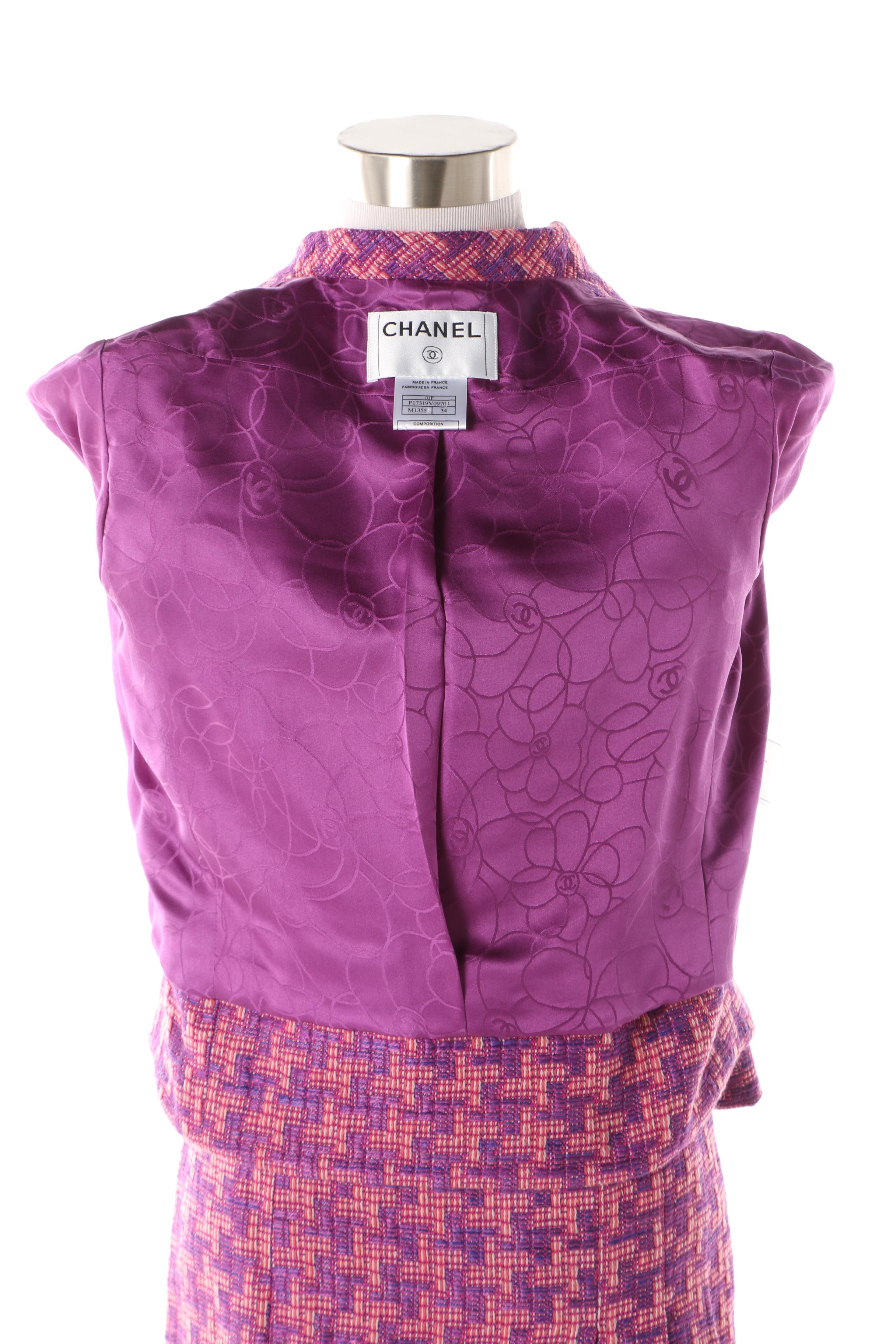 Chanel Pink and Purple Wool Blend Tweed Skirt Suit