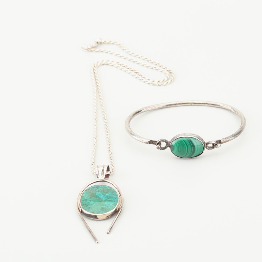 Sterling Silver Malachite Necklace and Bracelet