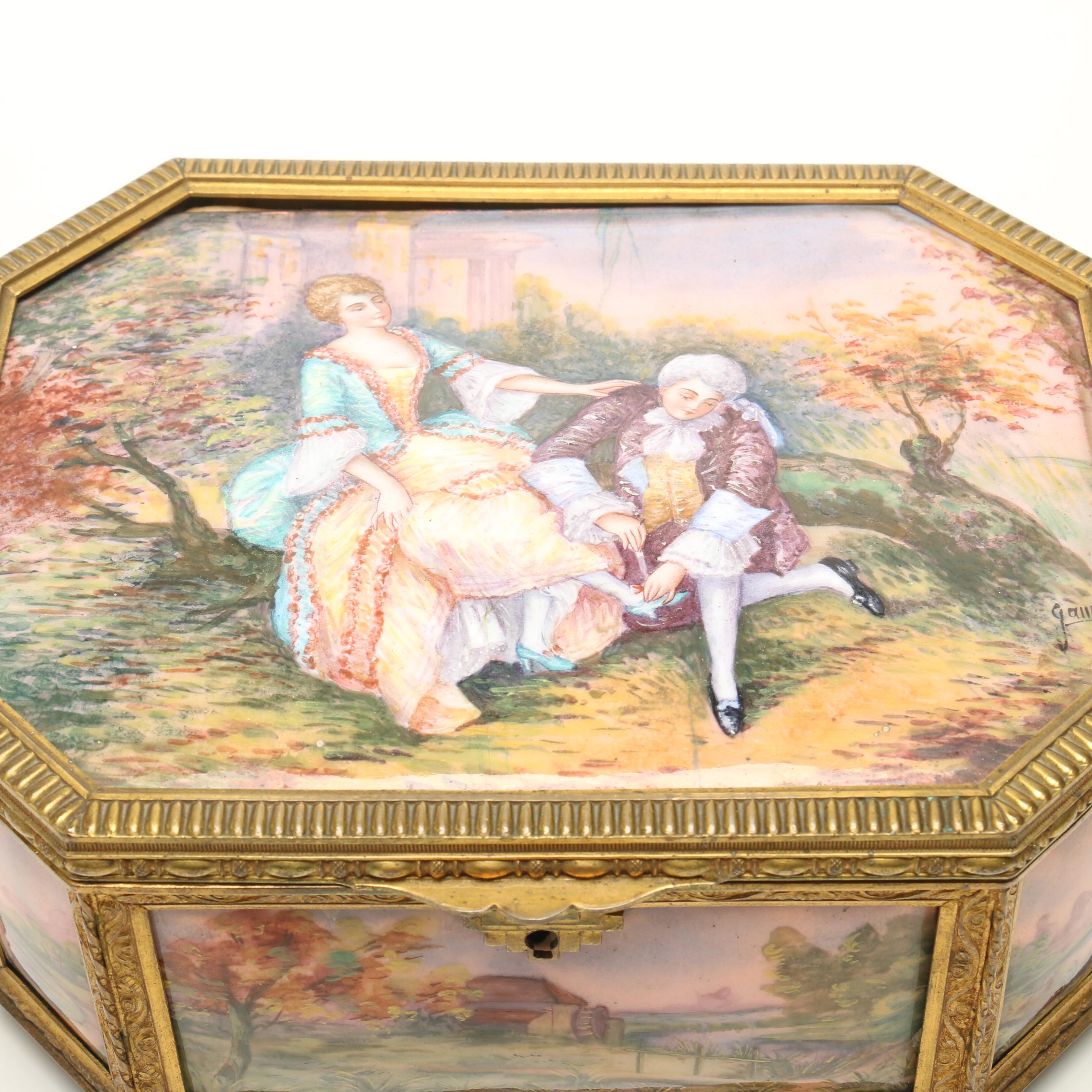 A la Marquise de Sévigné Enamel and Copper Casket Jewelry Box, 19th Century