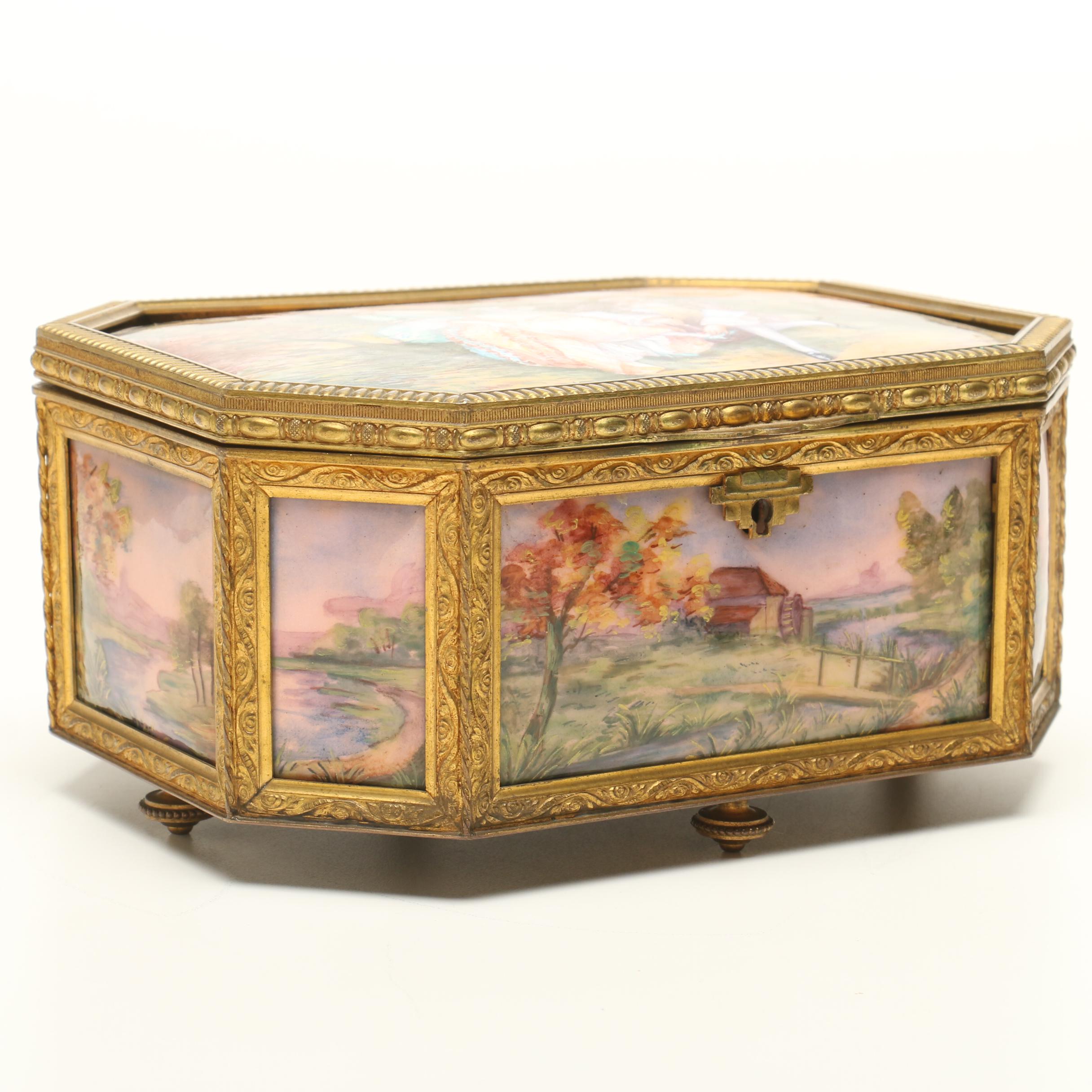 A la Marquise de Sévigné Enamel and Copper Casket Jewelry Box, 19th Century