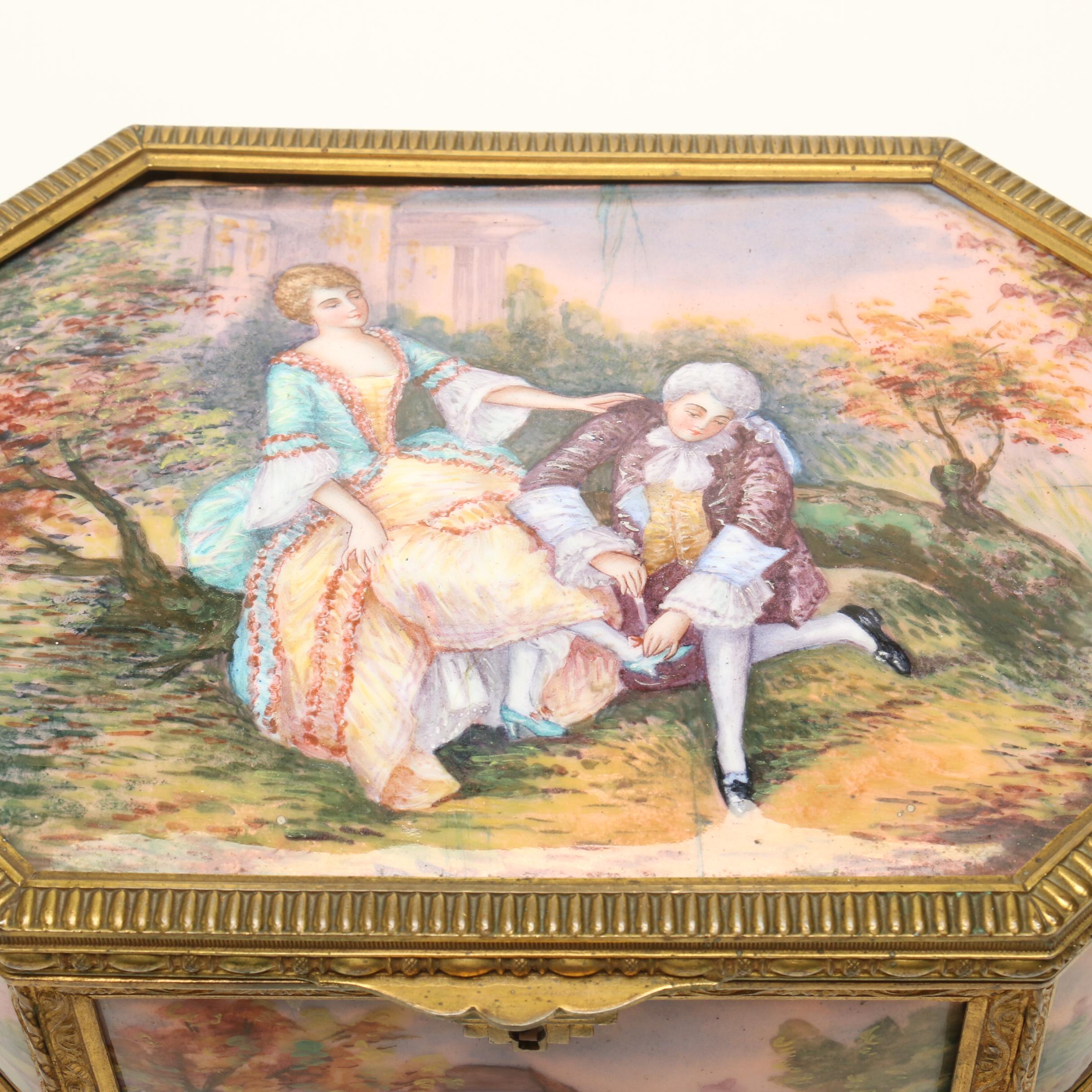 A la Marquise de Sévigné Enamel and Copper Casket Jewelry Box, 19th Century