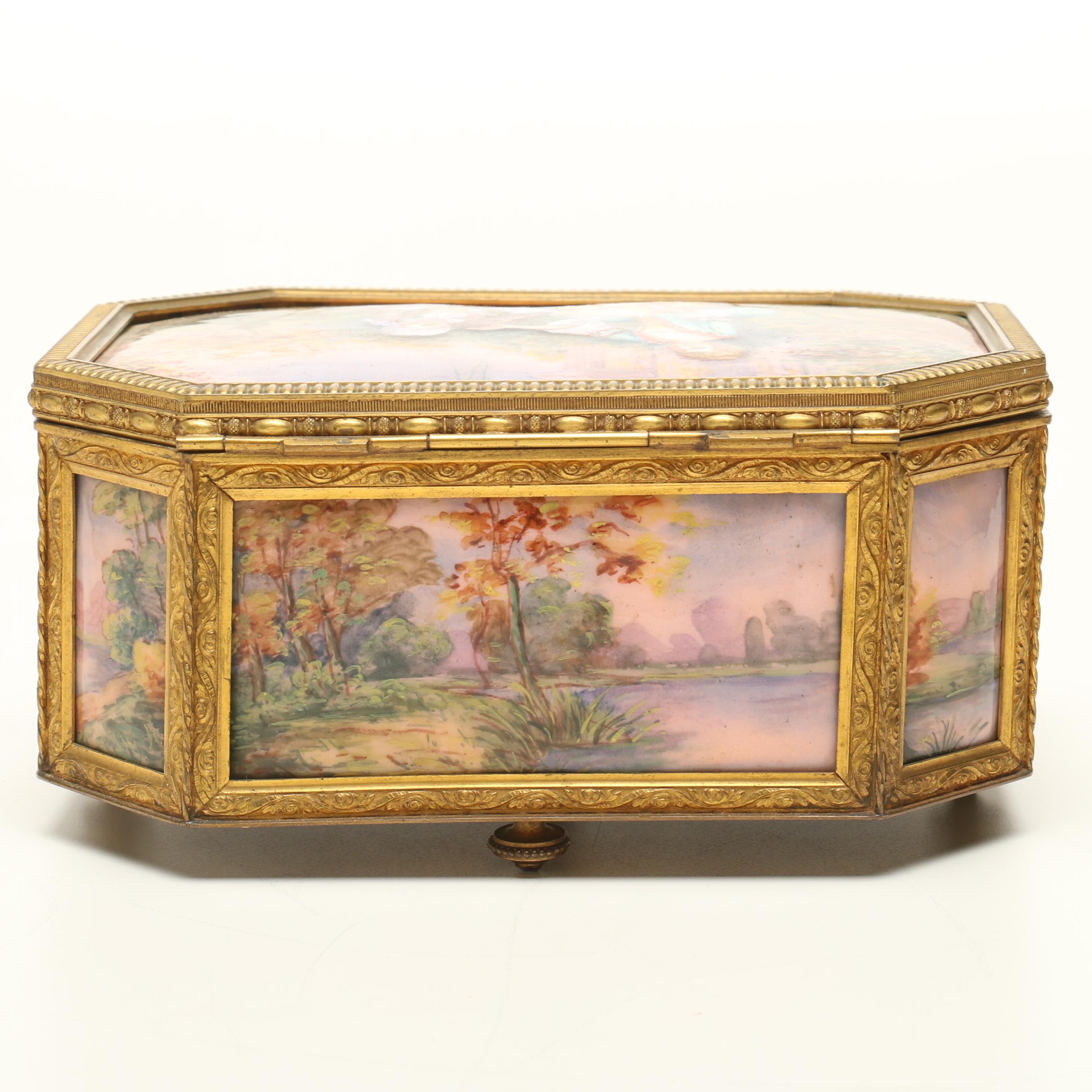 A la Marquise de Sévigné Enamel and Copper Casket Jewelry Box, 19th Century