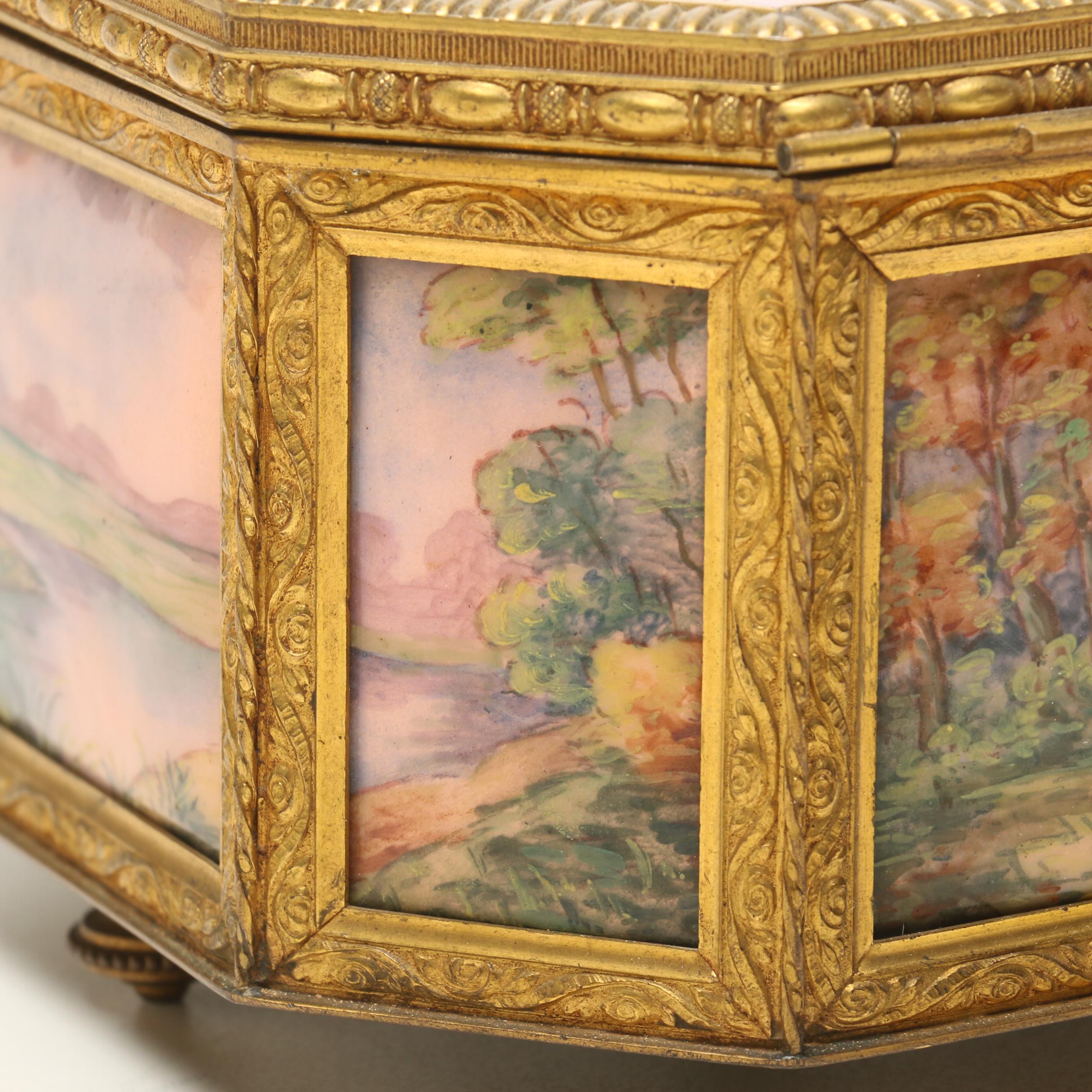 A la Marquise de Sévigné Enamel and Copper Casket Jewelry Box, 19th Century