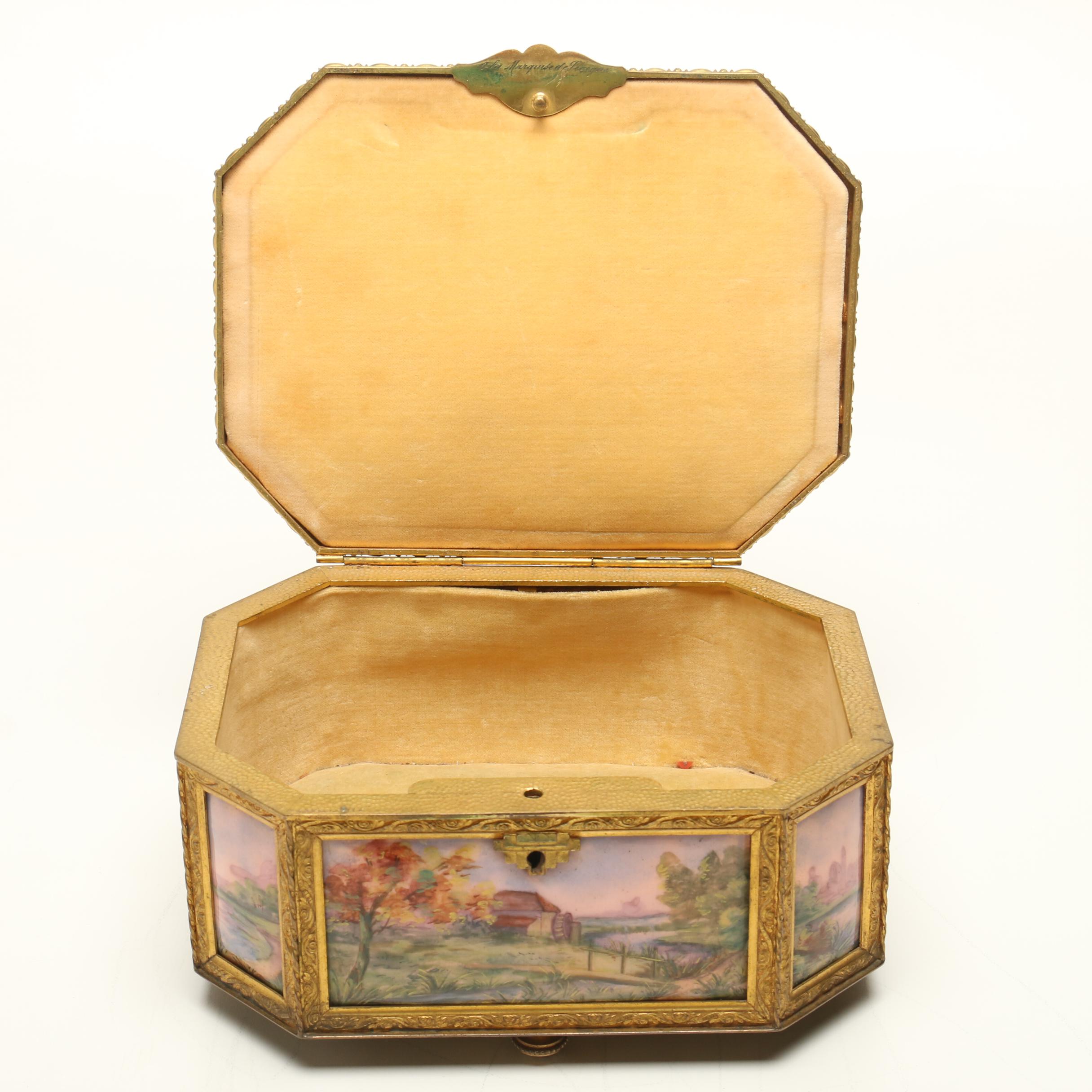 A la Marquise de Sévigné Enamel and Copper Casket Jewelry Box, 19th Century