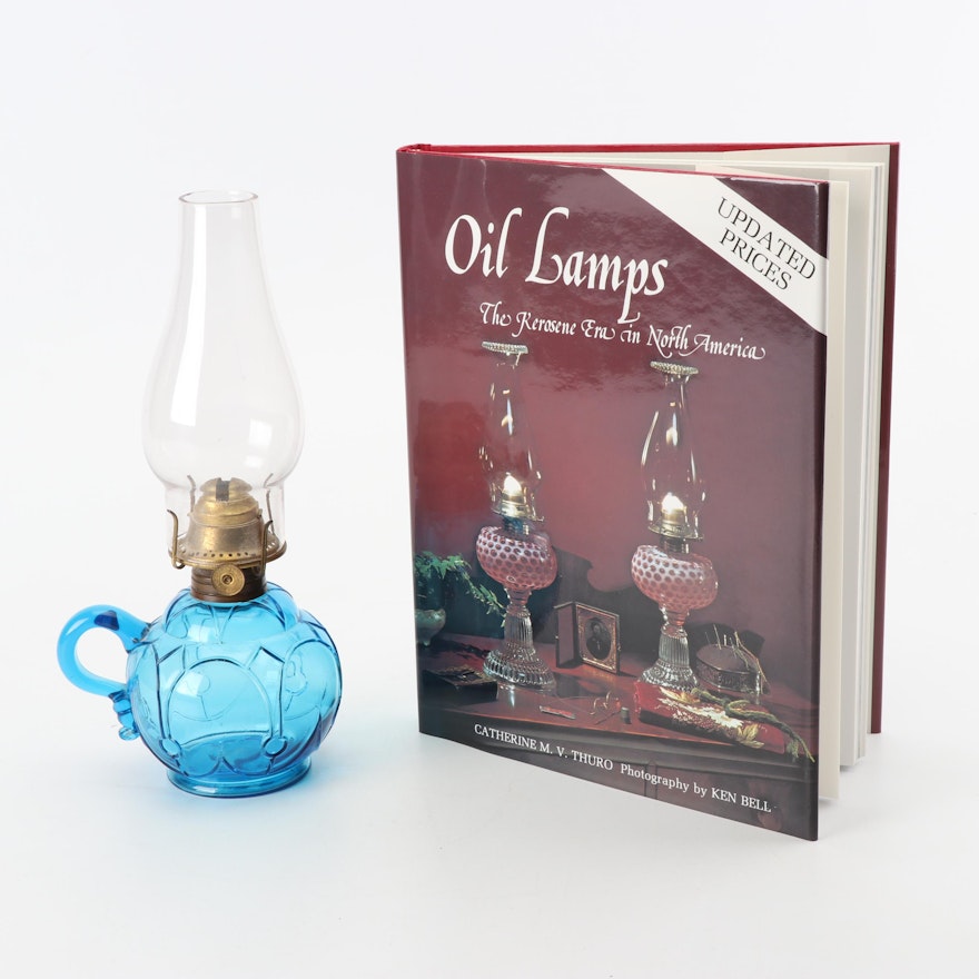 Blue Glass Oil Lamp, circa 1880 and "Oil Lamps" Book