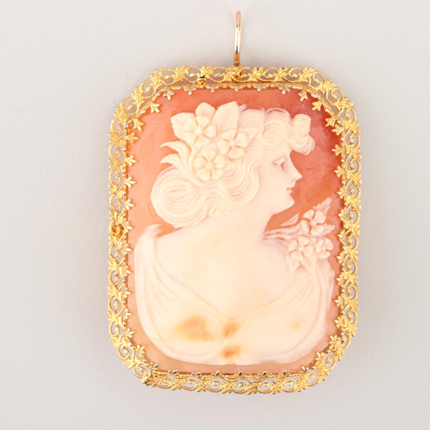 14K Yellow Gold Shell Cameo Brooch or Pendant