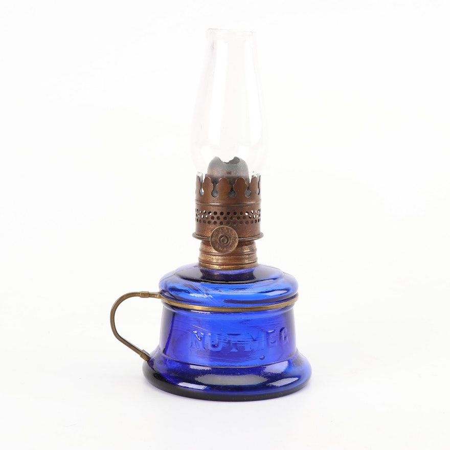 Cobalt Blue Miniature Oil Lamp with Original Burner, Circa 1877