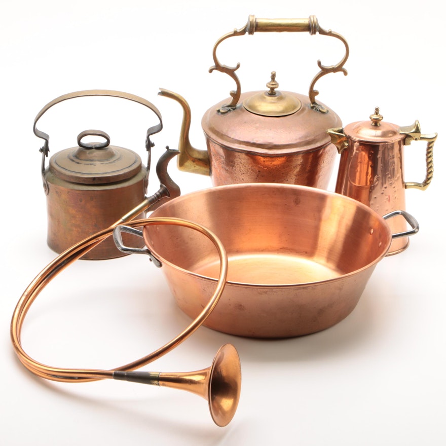 Brass and Copper Kettles with Basin and Hunting Horn
