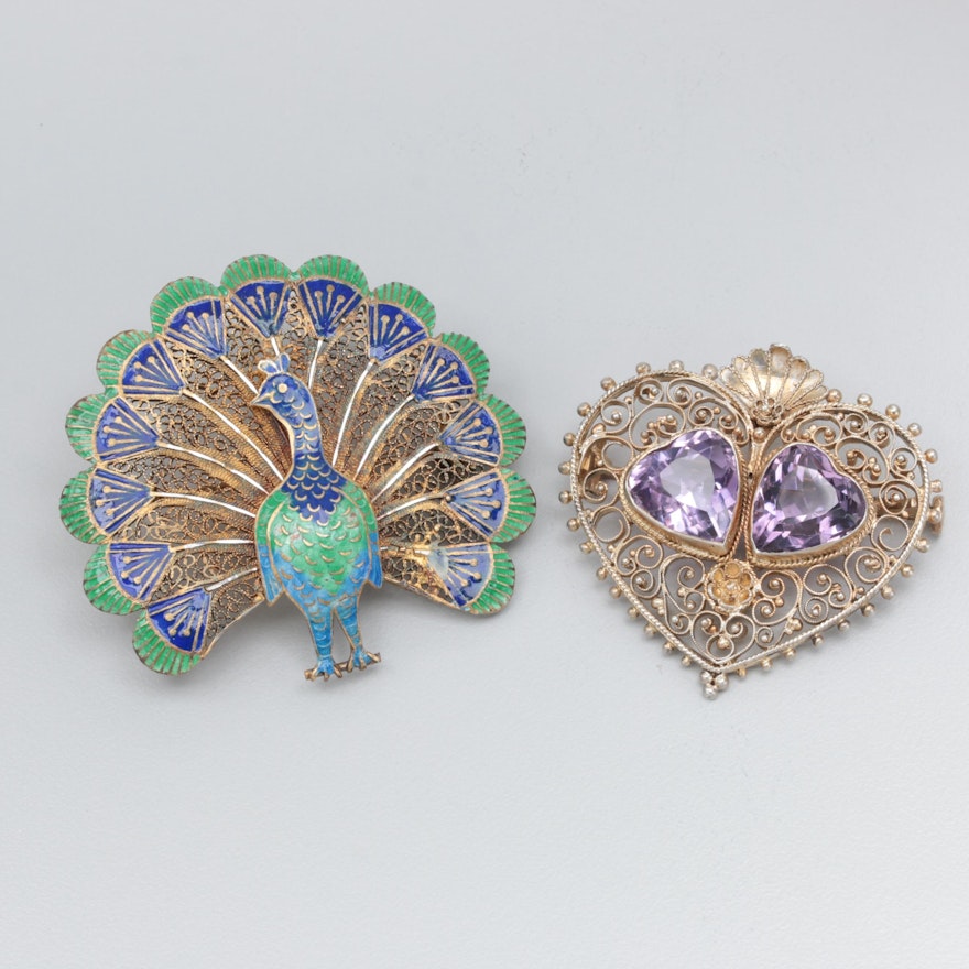 Vintage 800 Silver Amethyst and Portuguese Sterling Enameled Peacock Brooches