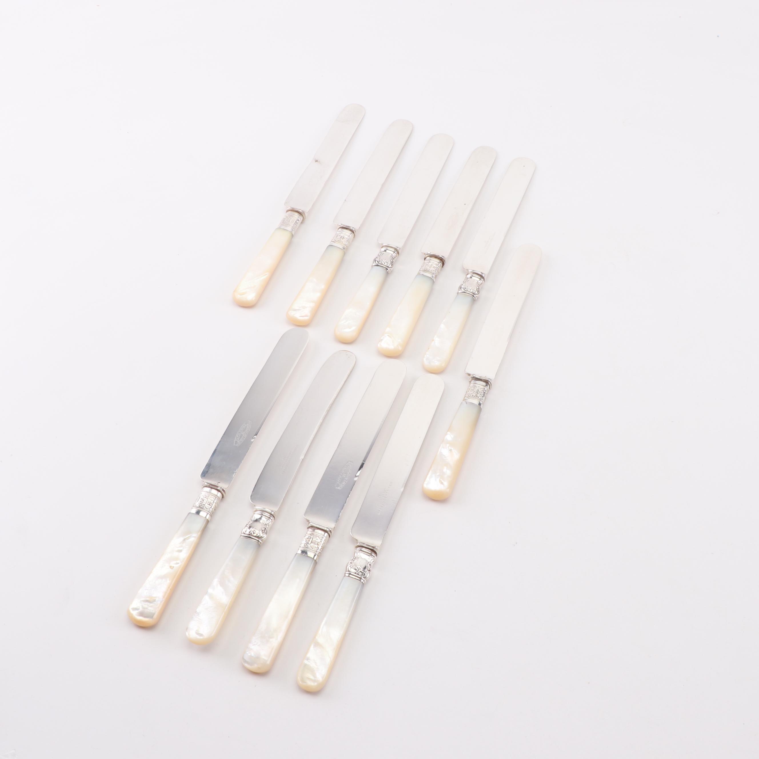 Mother of Pearl and Silver Plate Dinner Knives featuring Landers, Frary & Clark