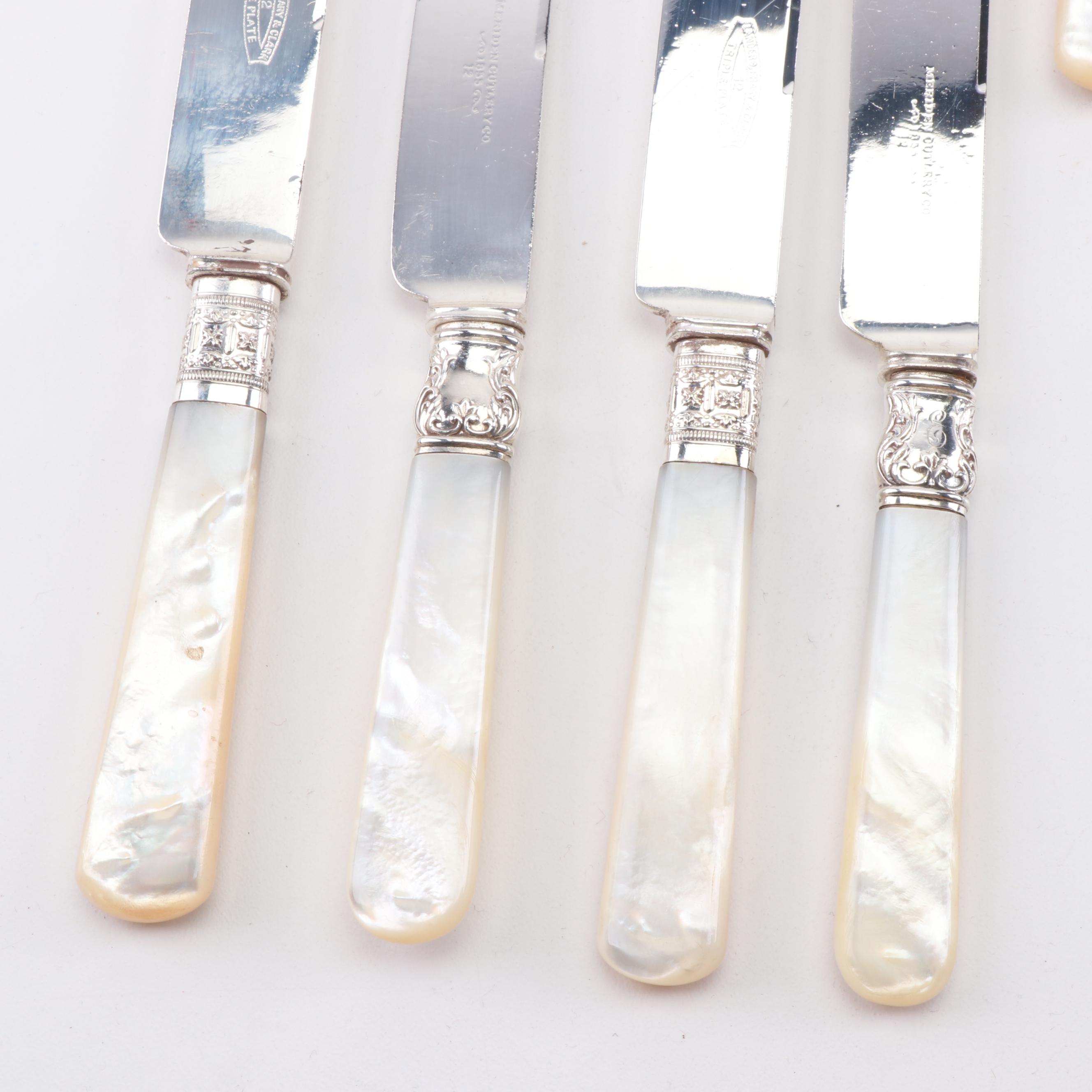 Mother of Pearl and Silver Plate Dinner Knives featuring Landers, Frary & Clark