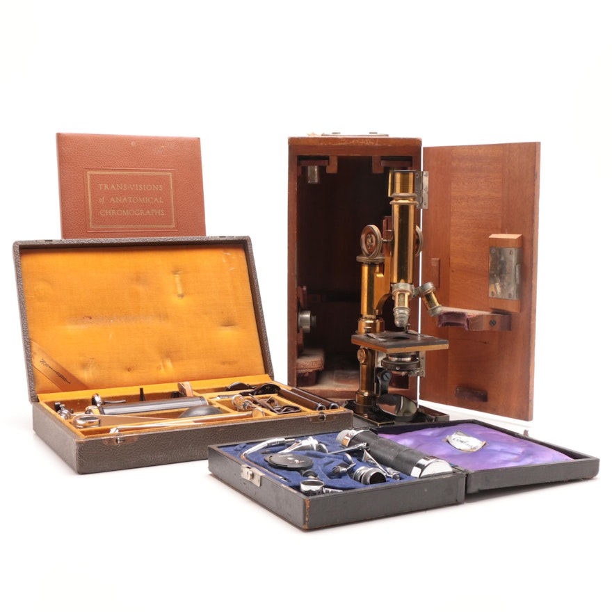 Antique E. Leitz Wetzlar Microscope and Vintage Medical Devices