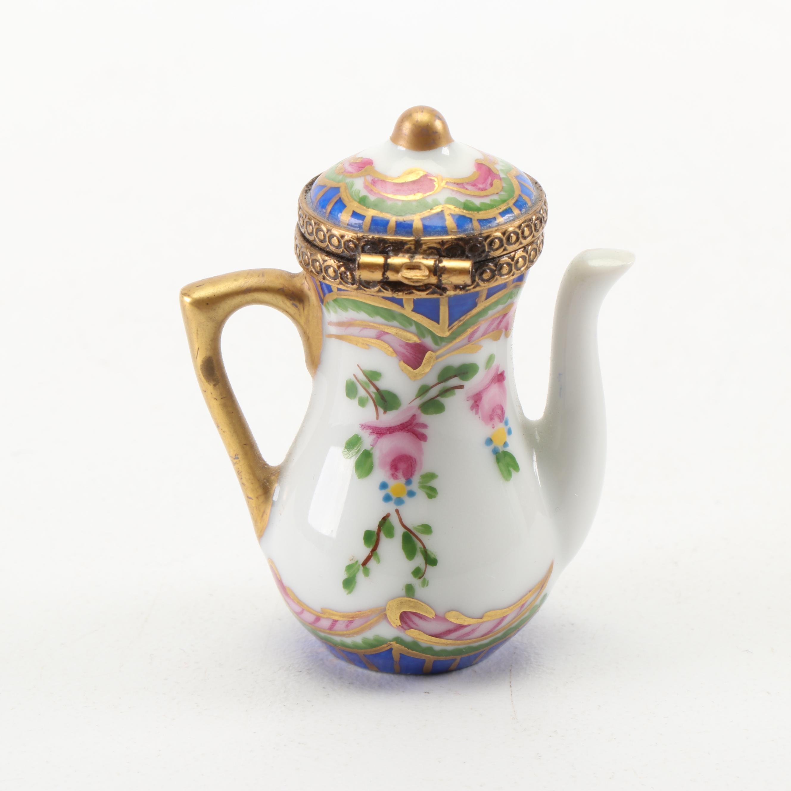 Limoges Hand-Painted Teapot Shaped Porcelain Trinket Box