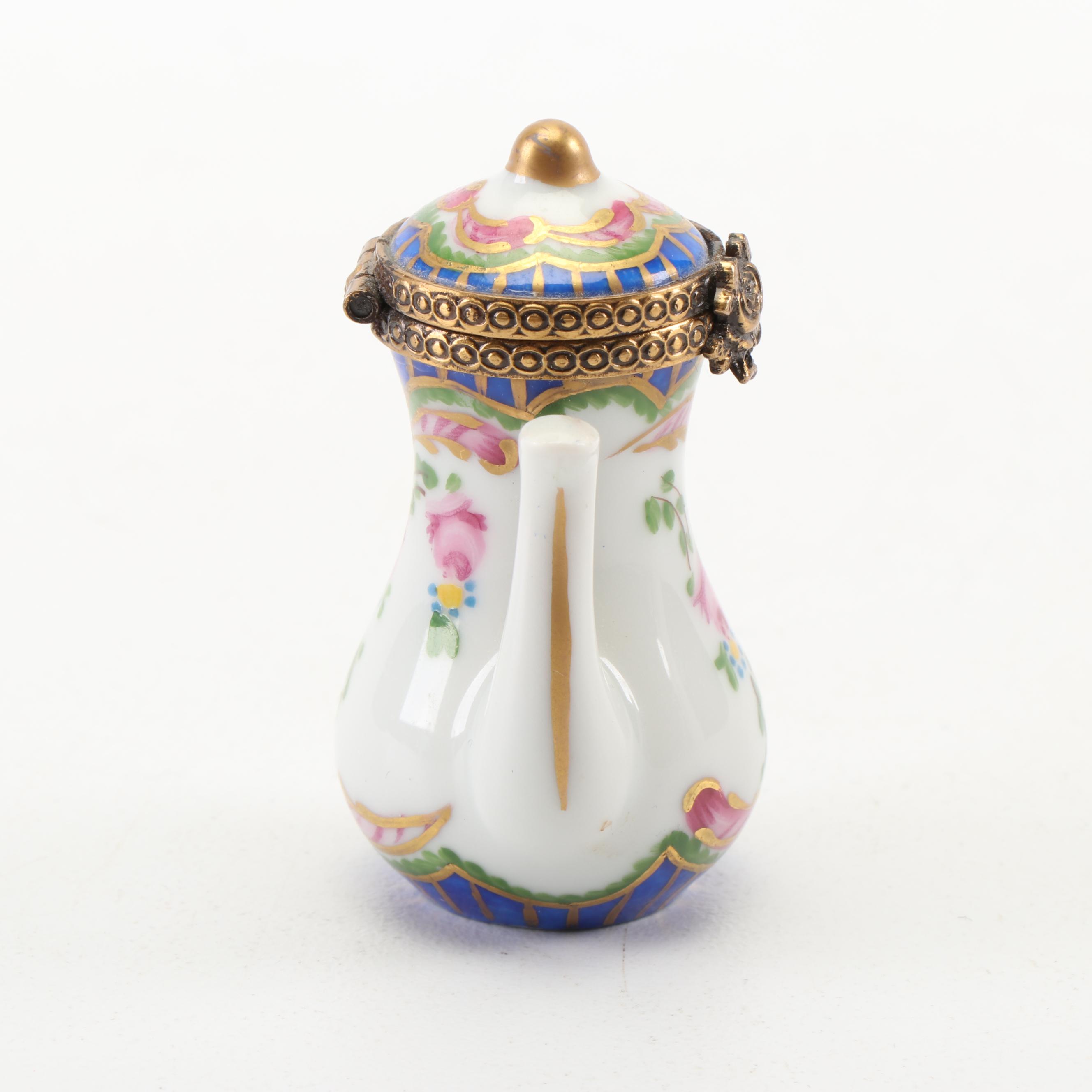 Limoges Hand-Painted Teapot Shaped Porcelain Trinket Box
