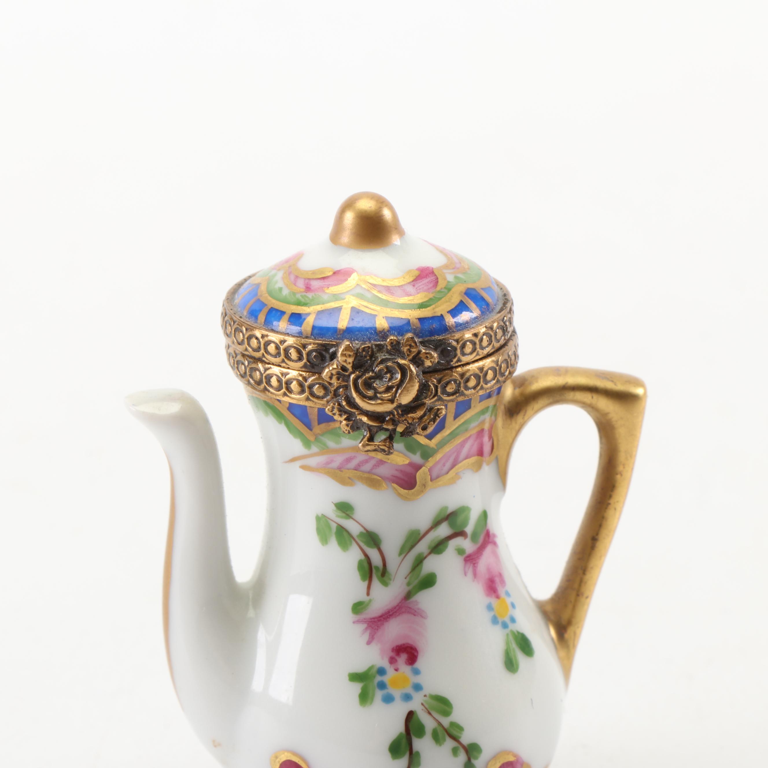 Limoges Hand-Painted Teapot Shaped Porcelain Trinket Box
