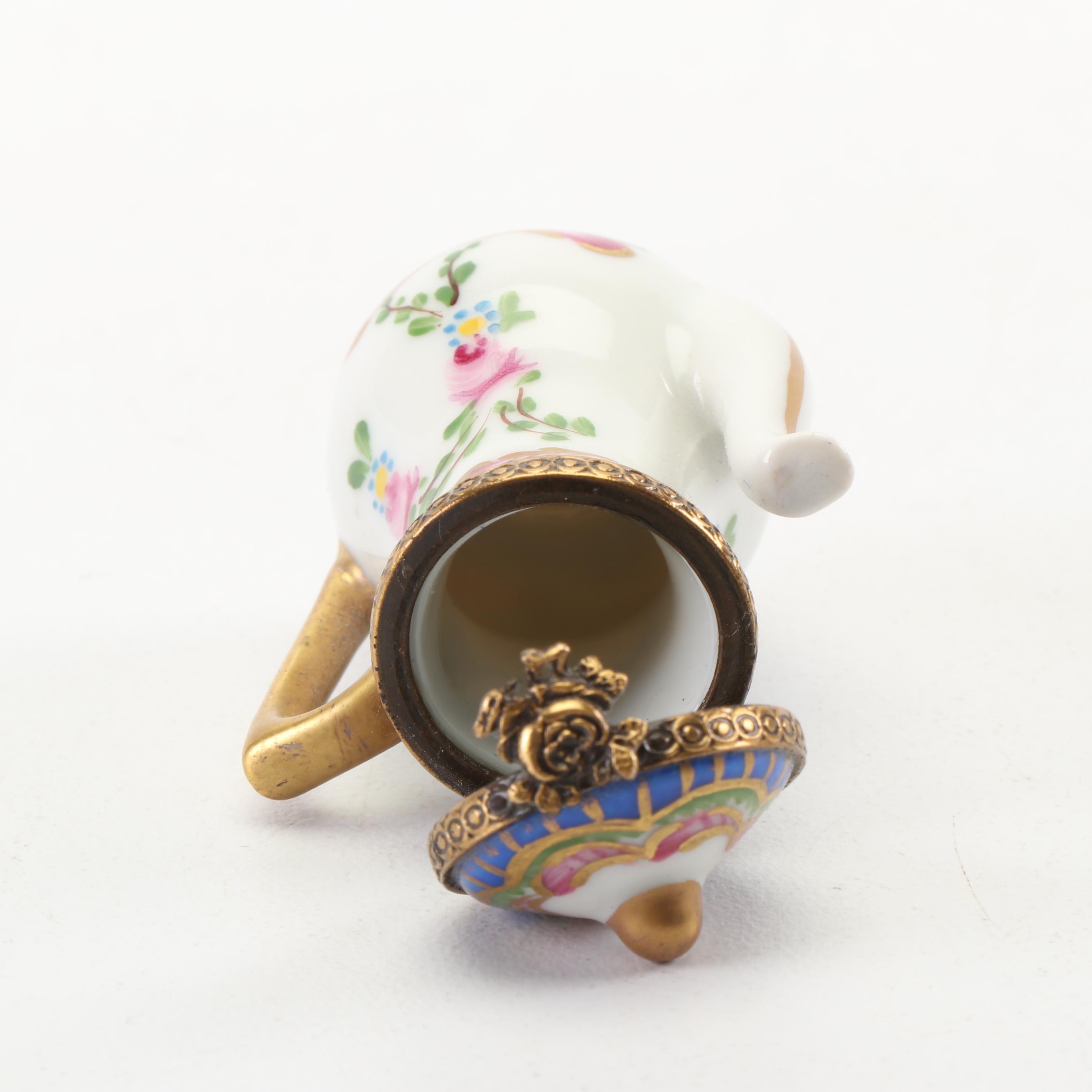 Limoges Hand-Painted Teapot Shaped Porcelain Trinket Box