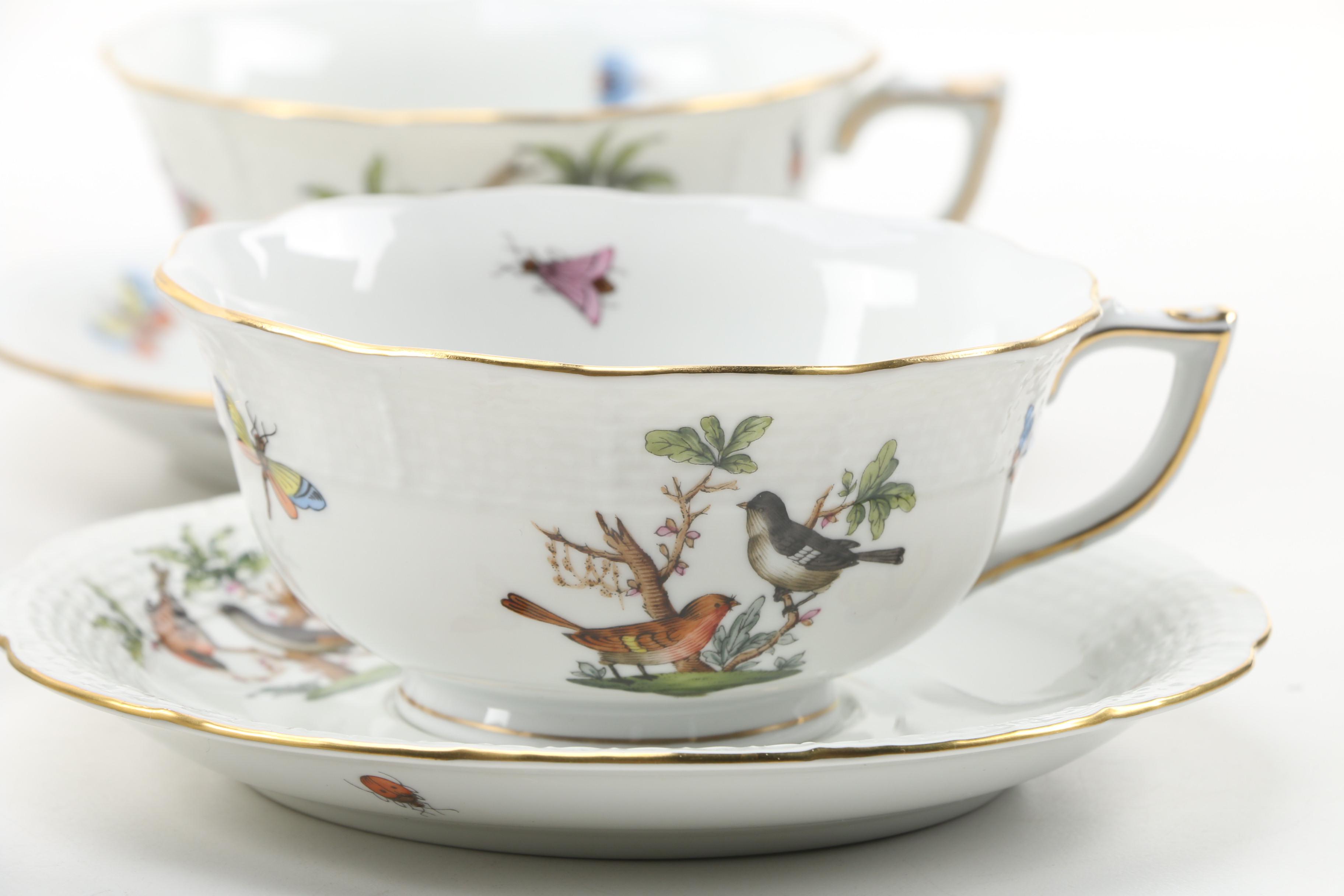 Herend "Rothschild Bird" Porcelain Teacups and Saucers