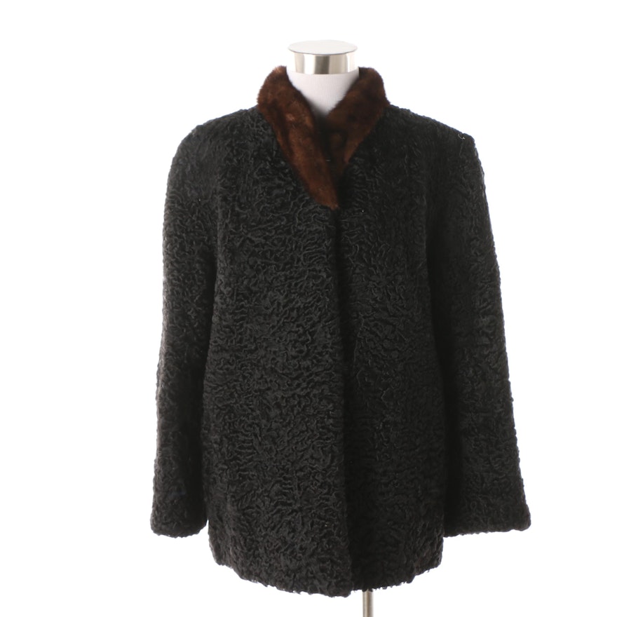 Women's Vintage Pachona Furs Persian Lamb Fur Jacket with Mink Fur Collar