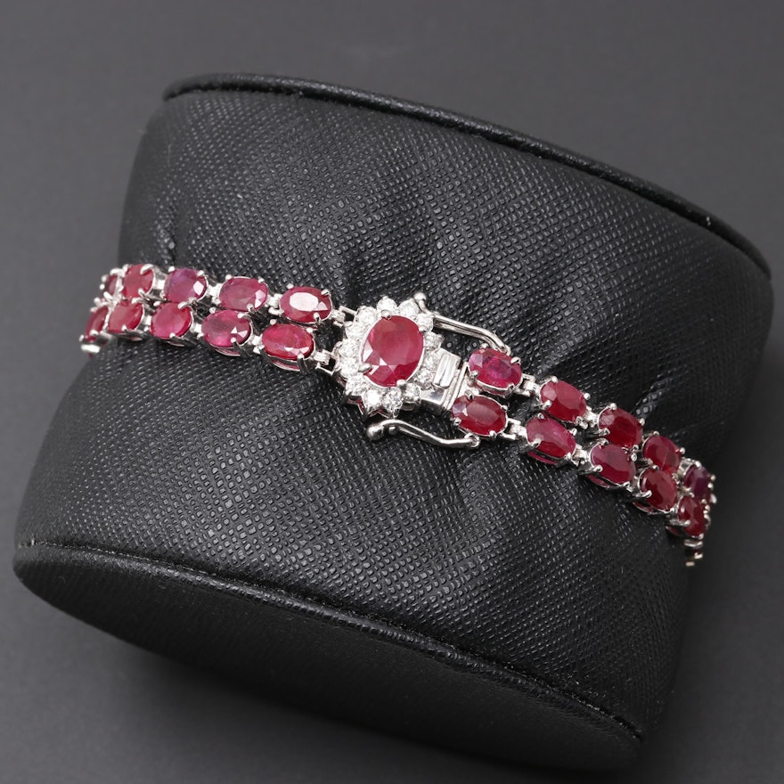 14K White Gold Ruby and Diamond Bracelet with 1.23 CT Center Stone