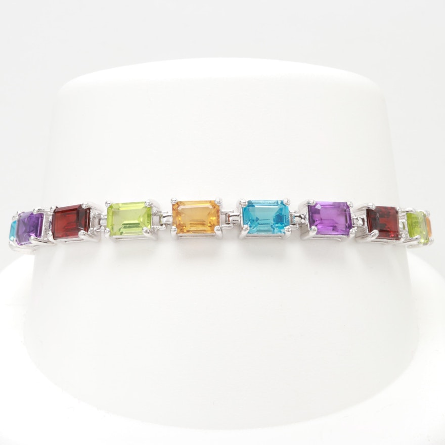 Sterling Silver Blue Topaz, Amethyst and Gemstone Bracelet