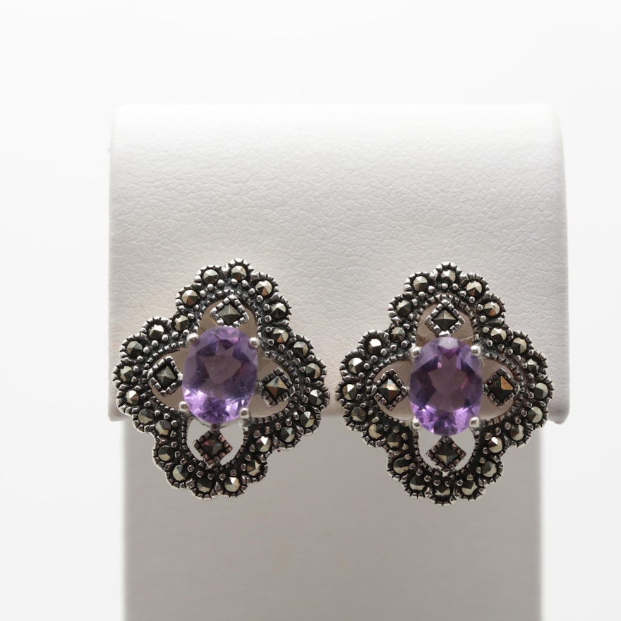 Sterling Silver Amethyst and Marcasite Earrings