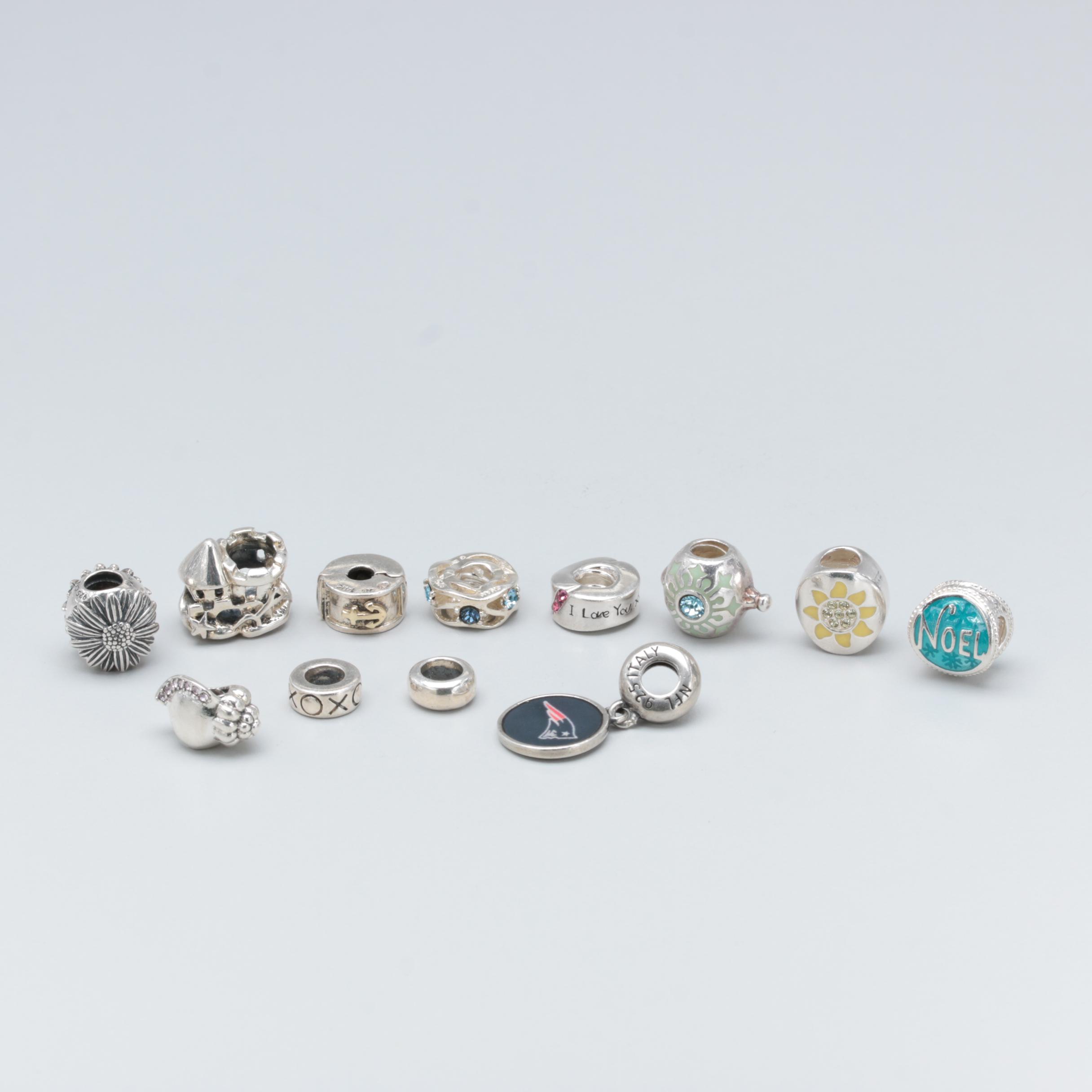 Sterling Silver Chamilia and NFL Charms Including Enamel and Glass Crystal