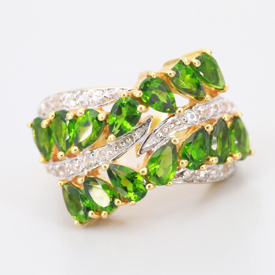 Gold Wash on Sterling Silver Chrome Diopside and Synthetic White Sapphire Ring