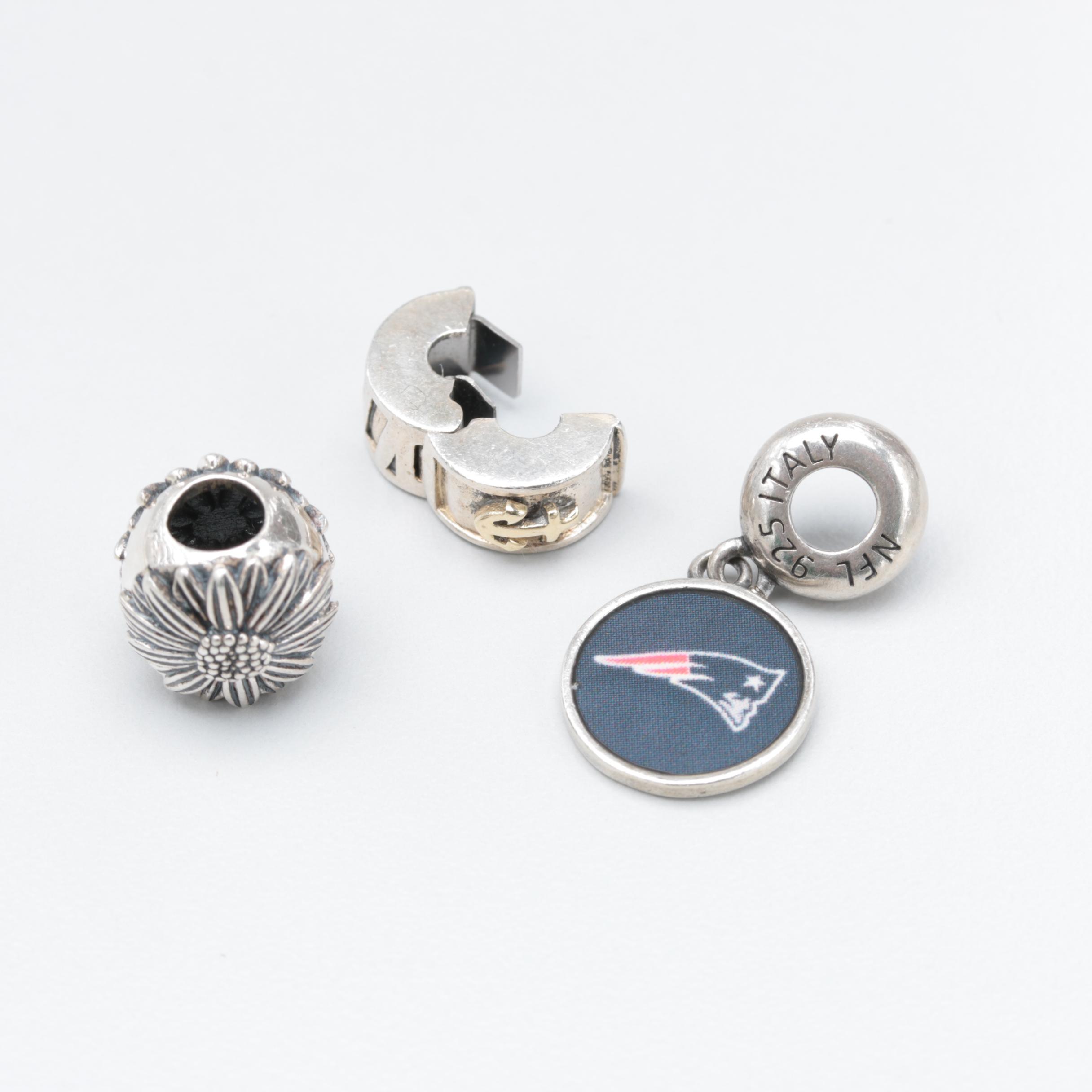Sterling Silver Chamilia and NFL Charms Including Enamel and Glass Crystal