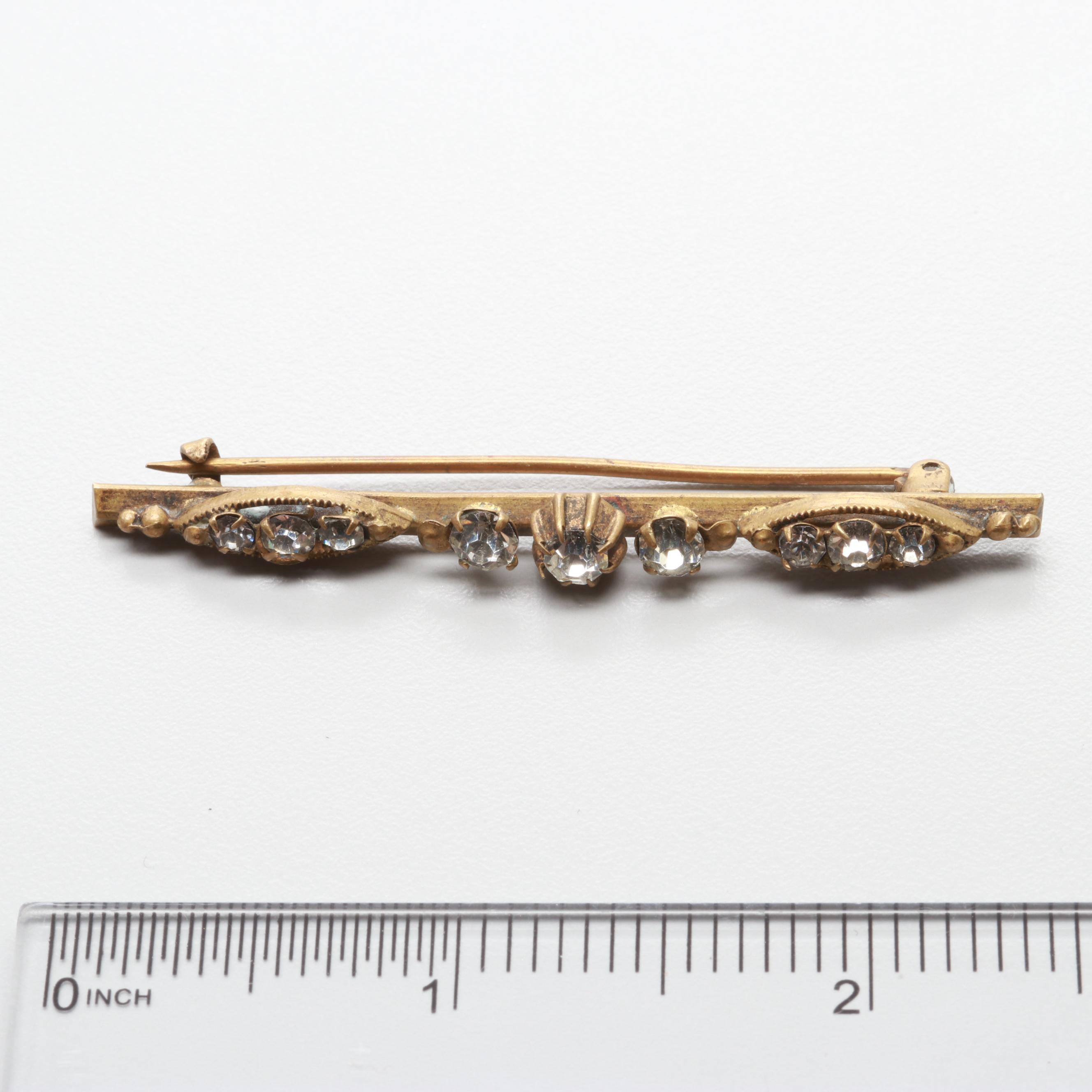 Gold Tone Vintage Brooches Including Glass and Glass Crystal