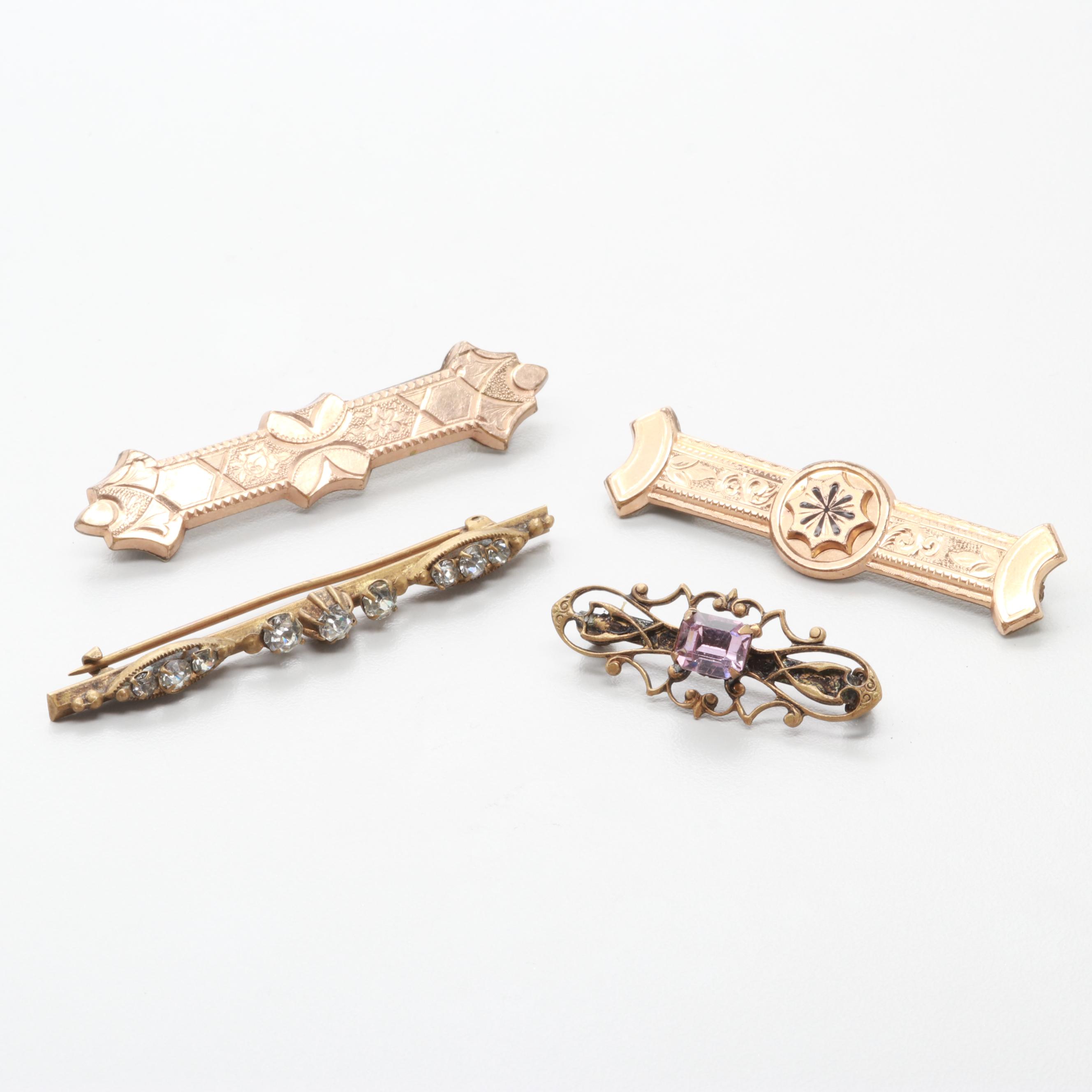Gold Tone Vintage Brooches Including Glass and Glass Crystal
