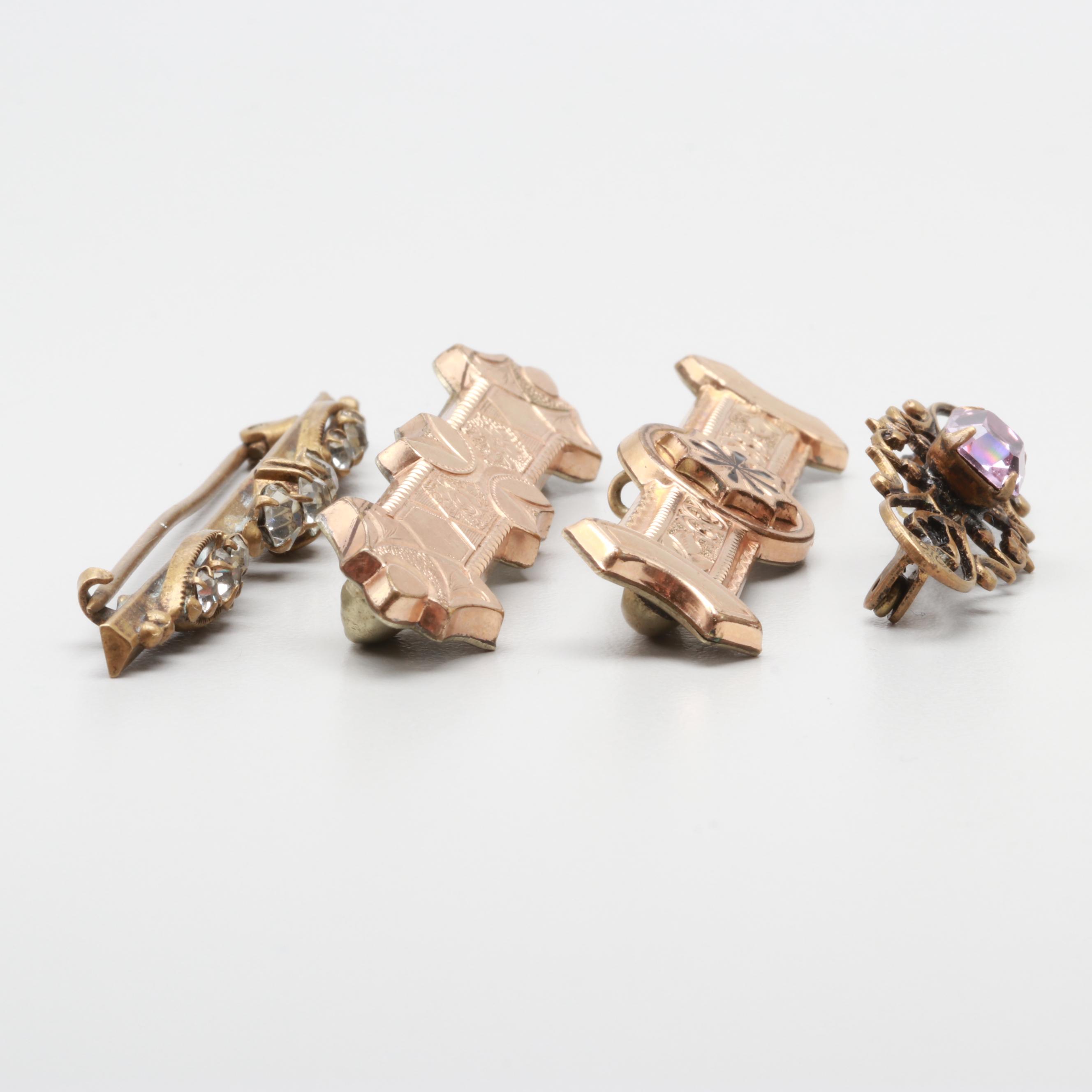 Gold Tone Vintage Brooches Including Glass and Glass Crystal