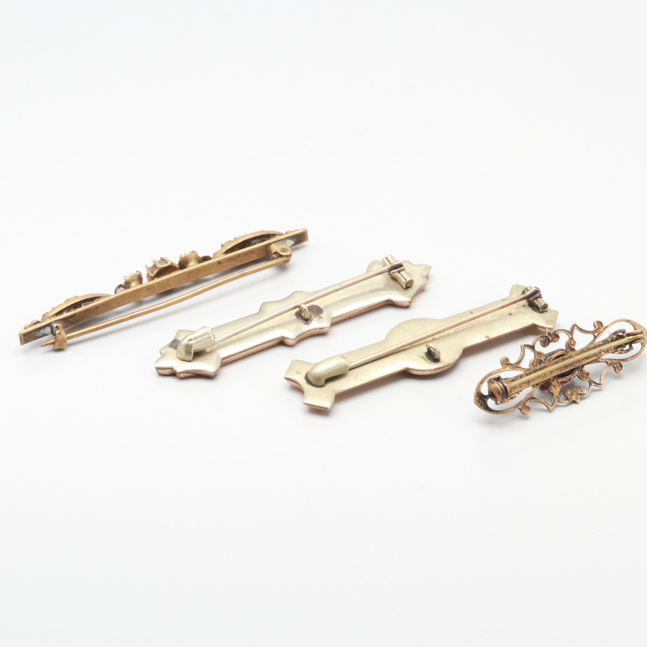 Gold Tone Vintage Brooches Including Glass and Glass Crystal