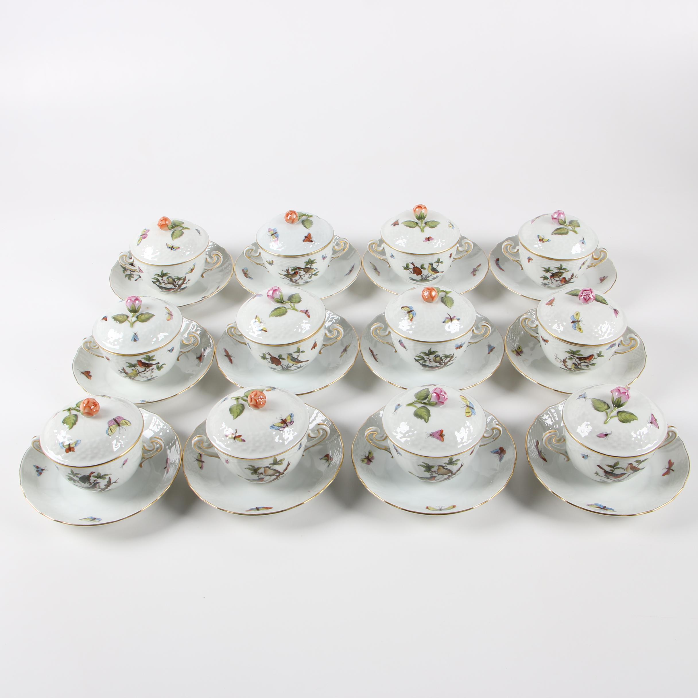 Herend "Rothschild Bird" Porcelain Lidded Bouillon Cups with Saucers