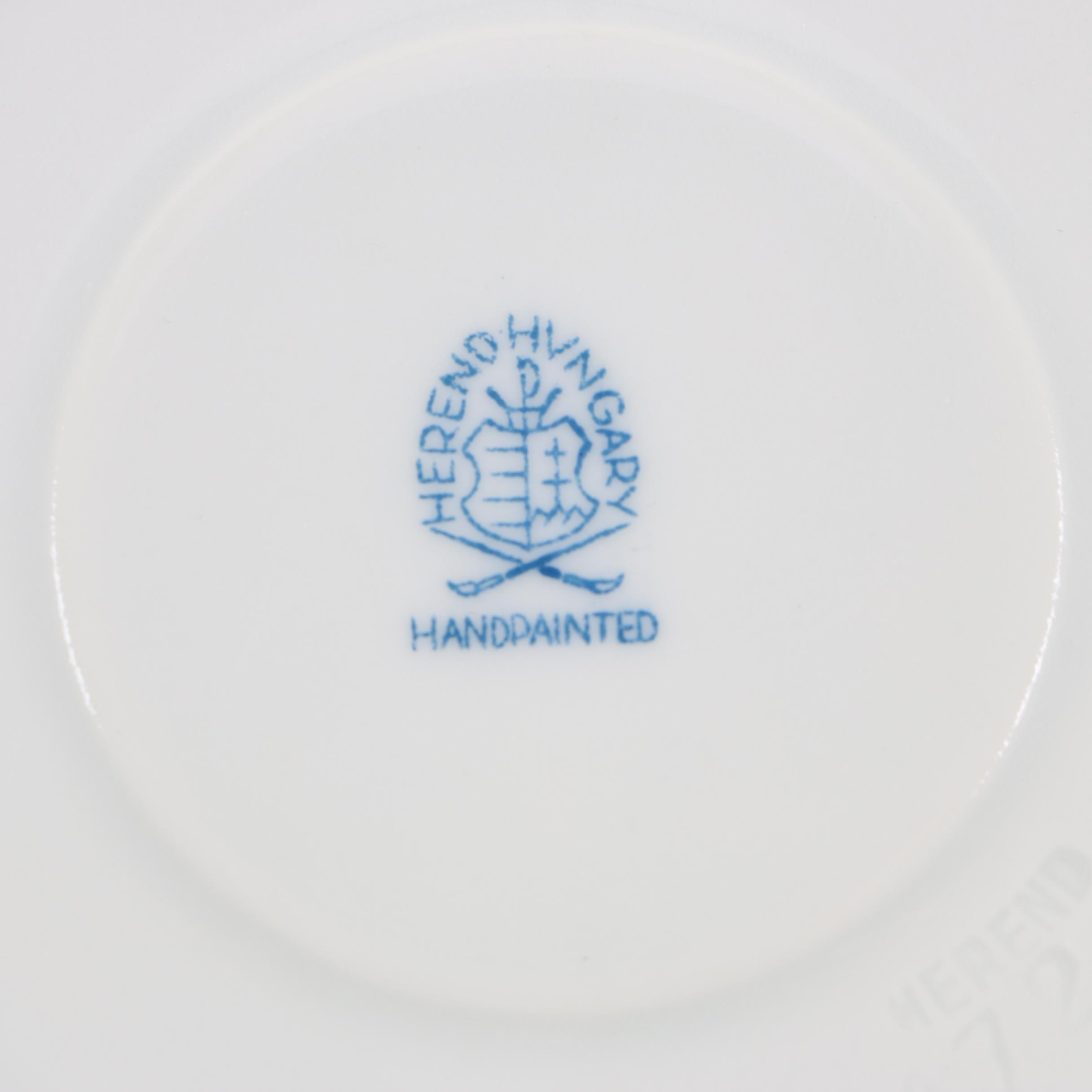 Herend "Rothschild Bird" Porcelain Lidded Bouillon Cups with Saucers