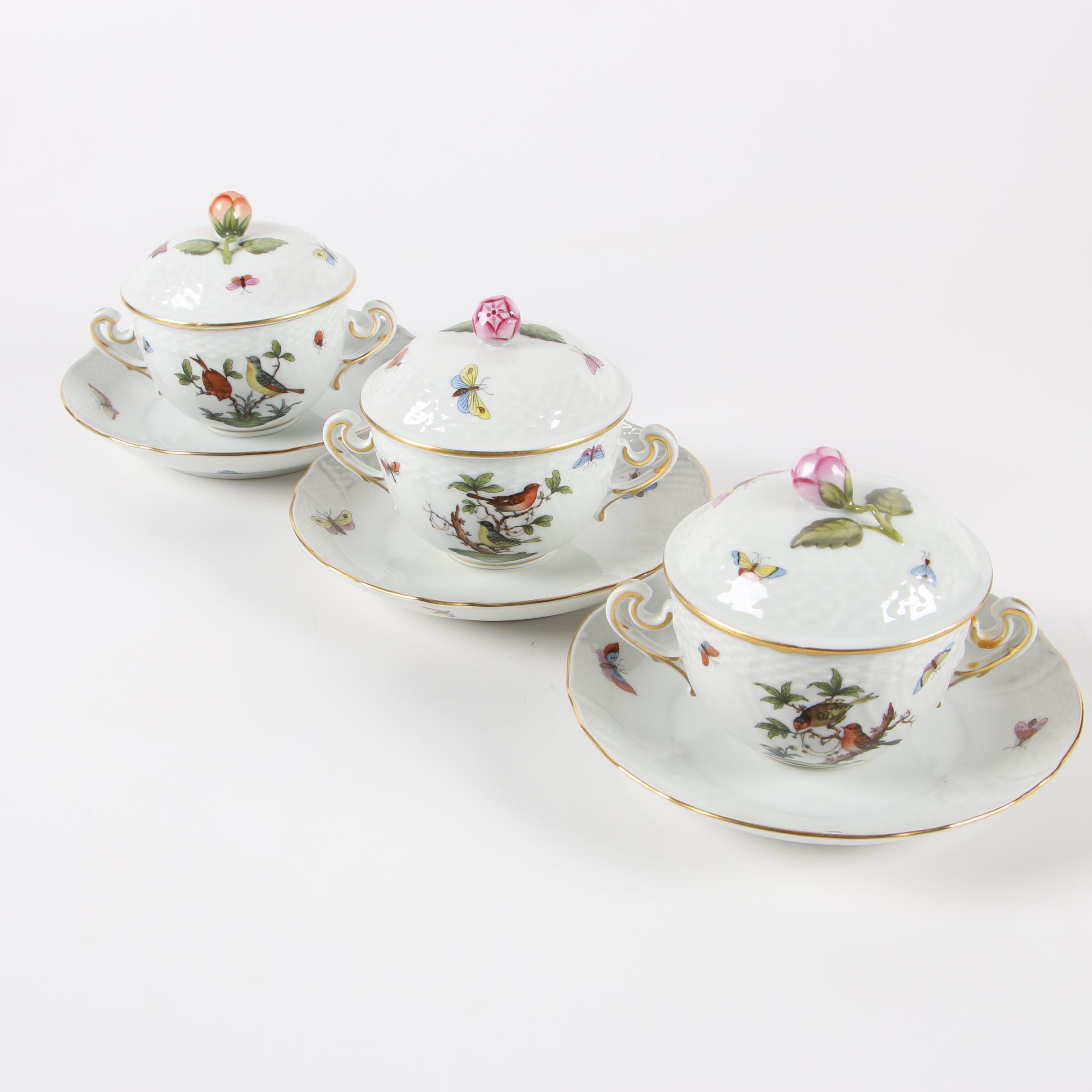 Herend "Rothschild Bird" Porcelain Lidded Bouillon Cups with Saucers