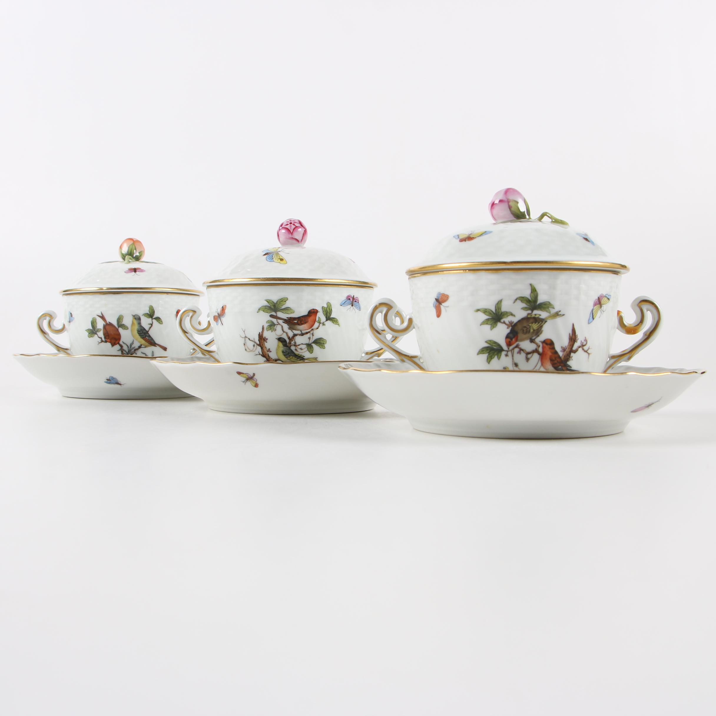Herend "Rothschild Bird" Porcelain Lidded Bouillon Cups with Saucers