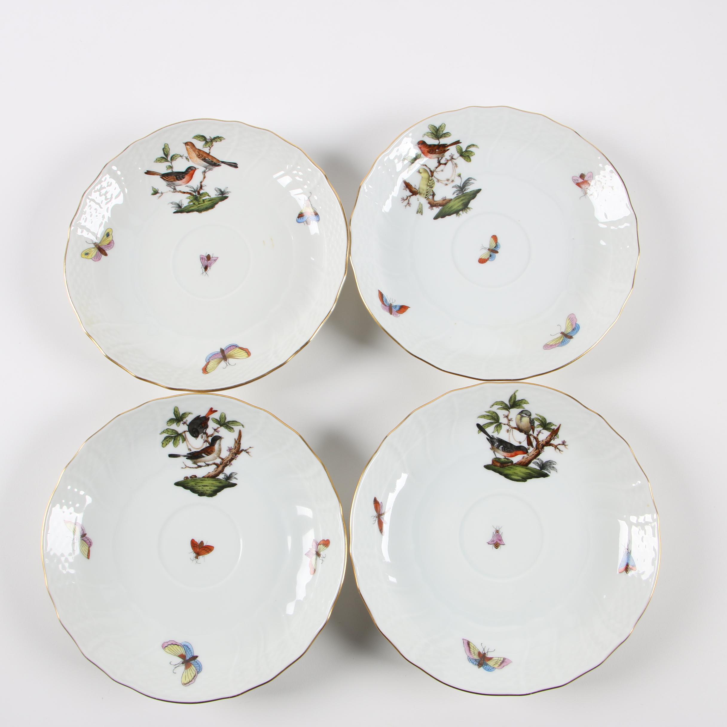 Herend "Rothschild Bird" Porcelain Lidded Bouillon Cups with Saucers