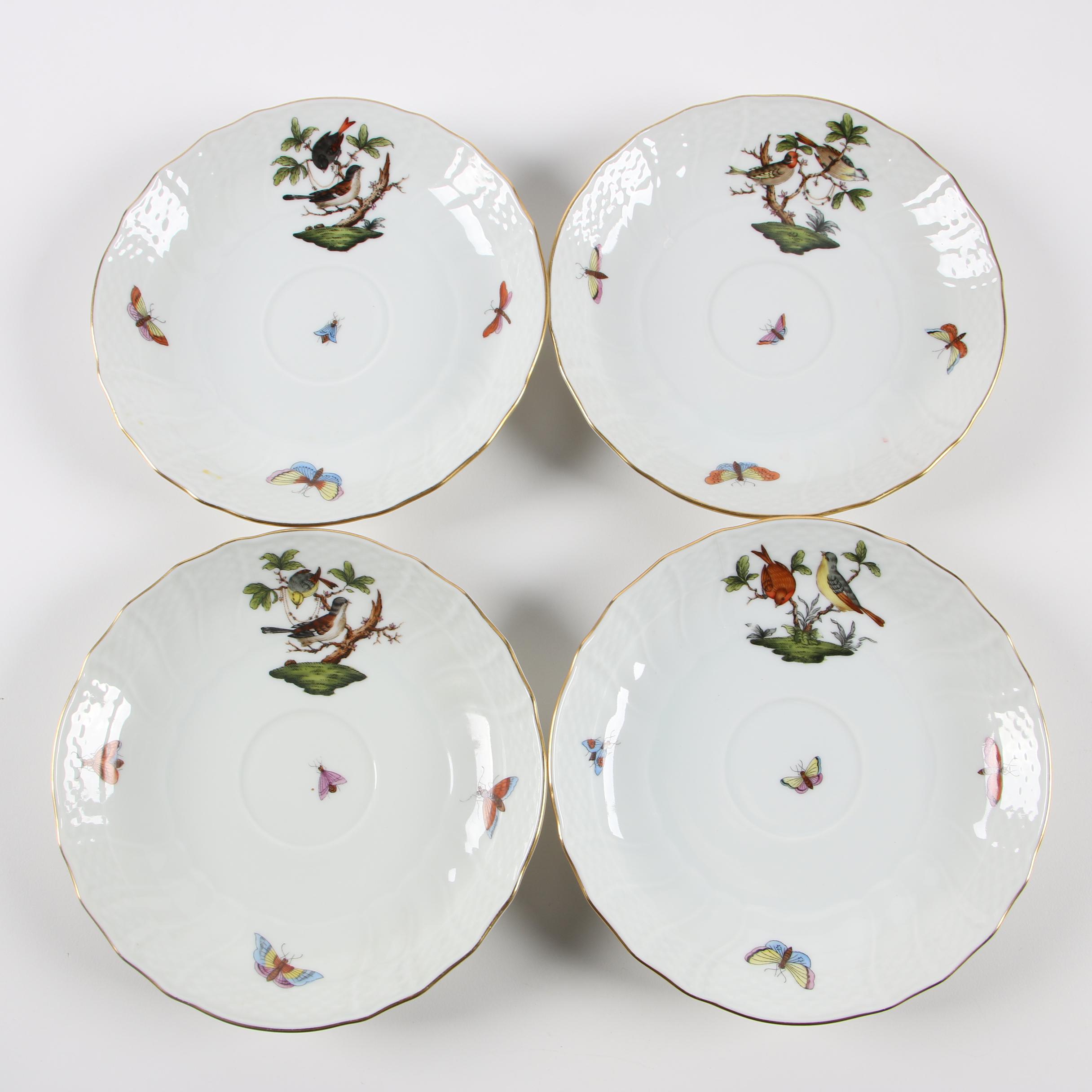 Herend "Rothschild Bird" Porcelain Lidded Bouillon Cups with Saucers