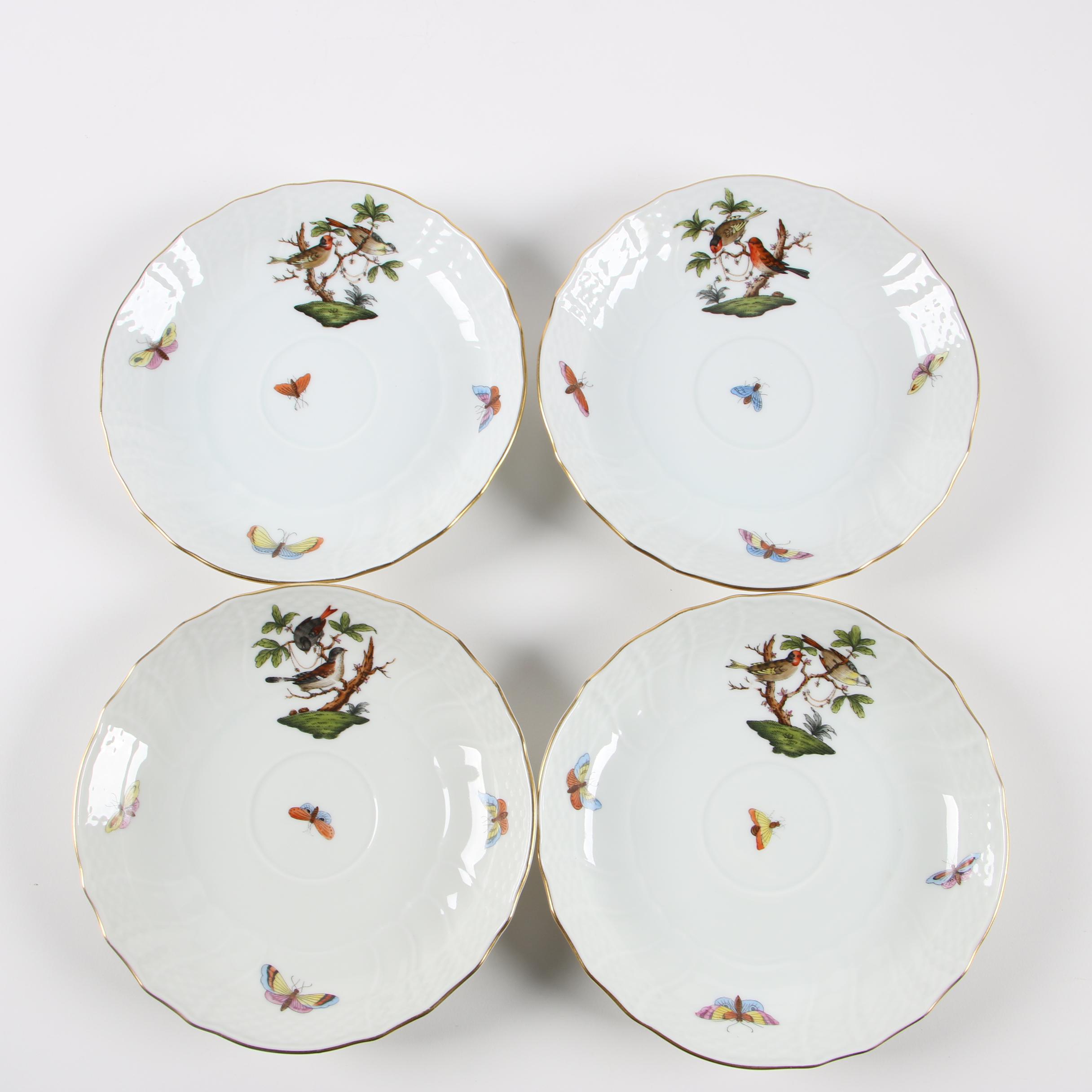 Herend "Rothschild Bird" Porcelain Lidded Bouillon Cups with Saucers