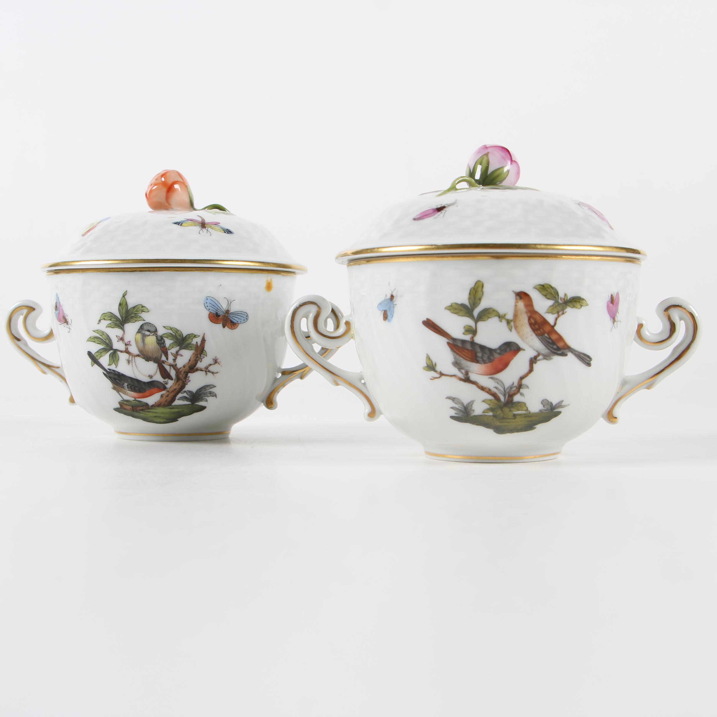 Herend "Rothschild Bird" Porcelain Lidded Bouillon Cups with Saucers