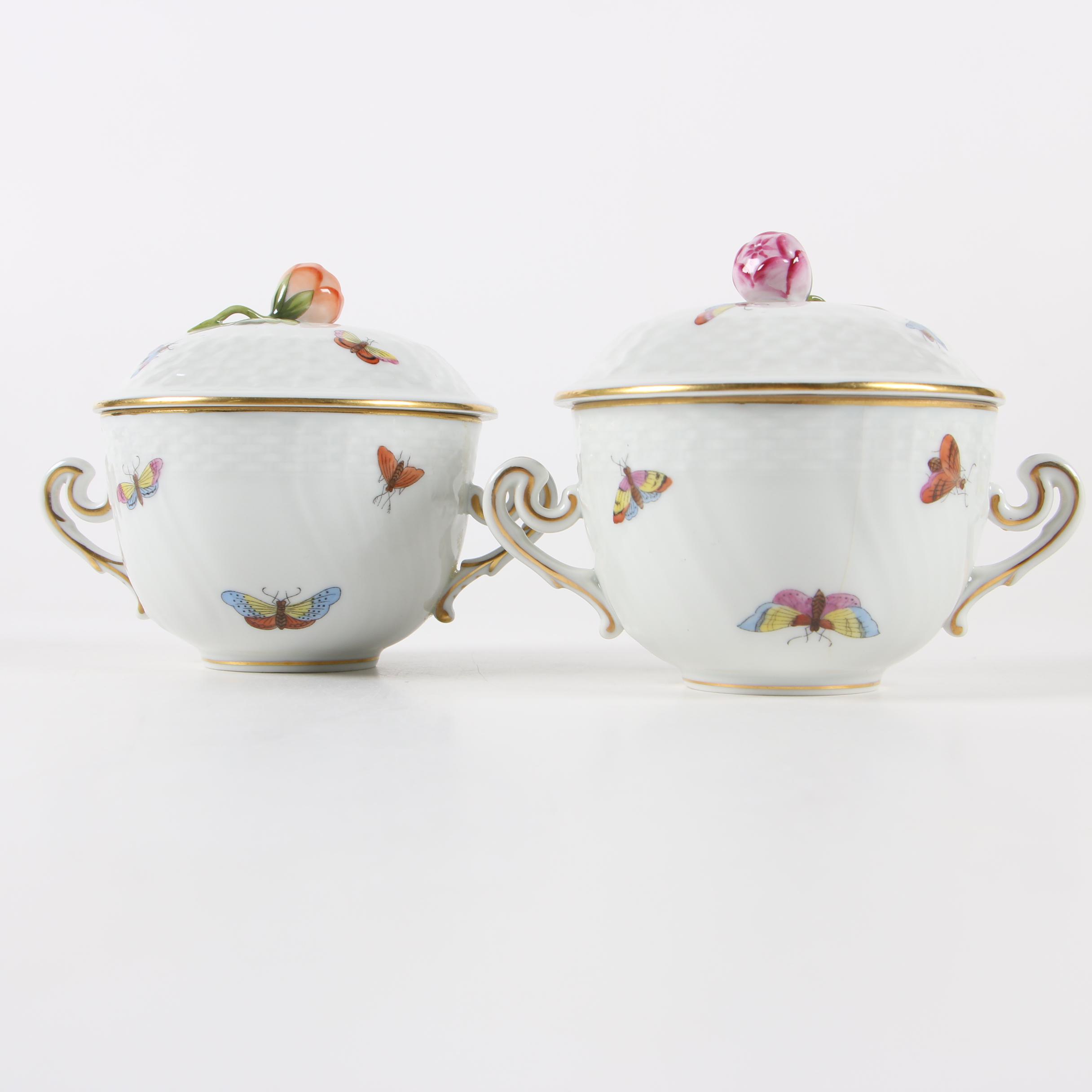 Herend "Rothschild Bird" Porcelain Lidded Bouillon Cups with Saucers