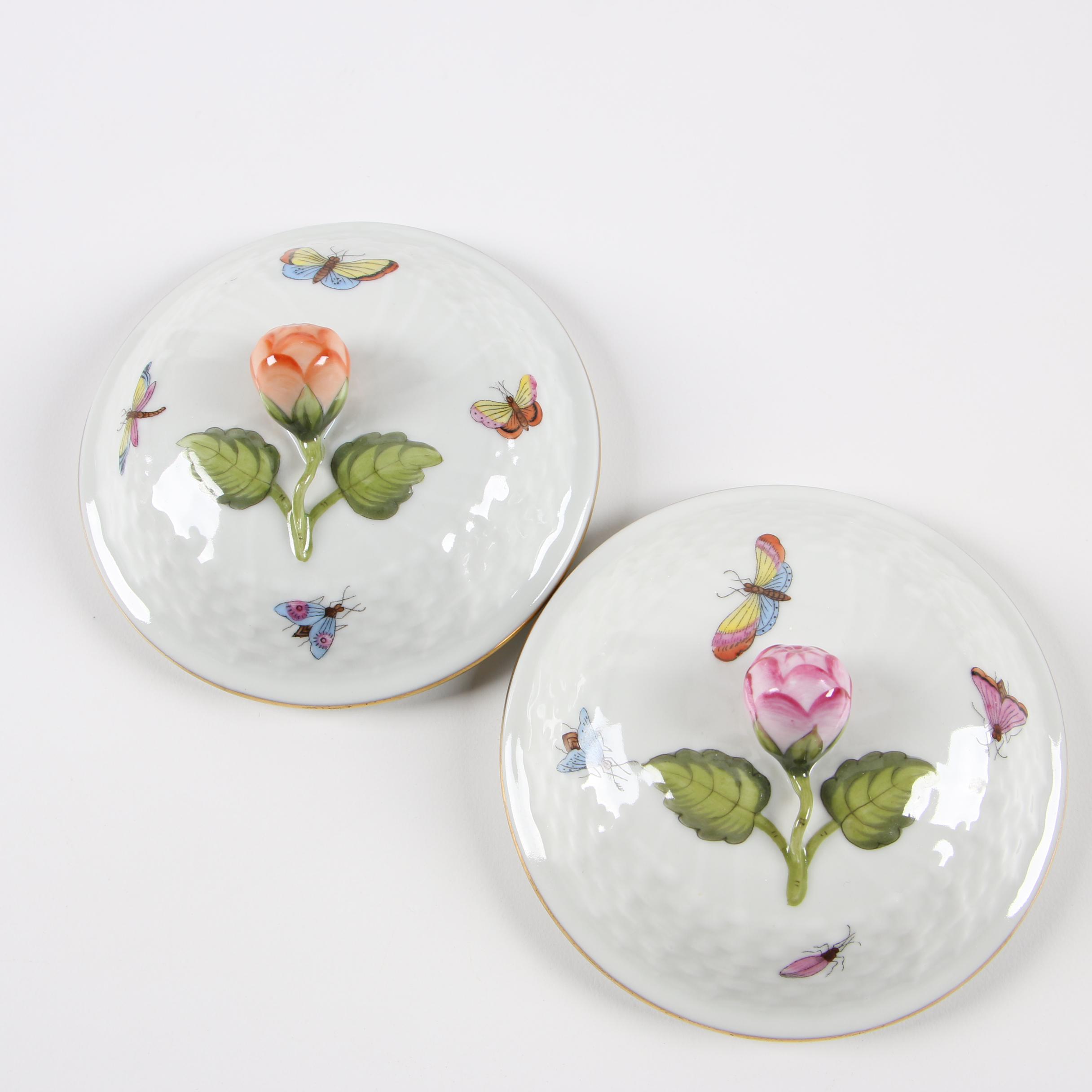 Herend "Rothschild Bird" Porcelain Lidded Bouillon Cups with Saucers