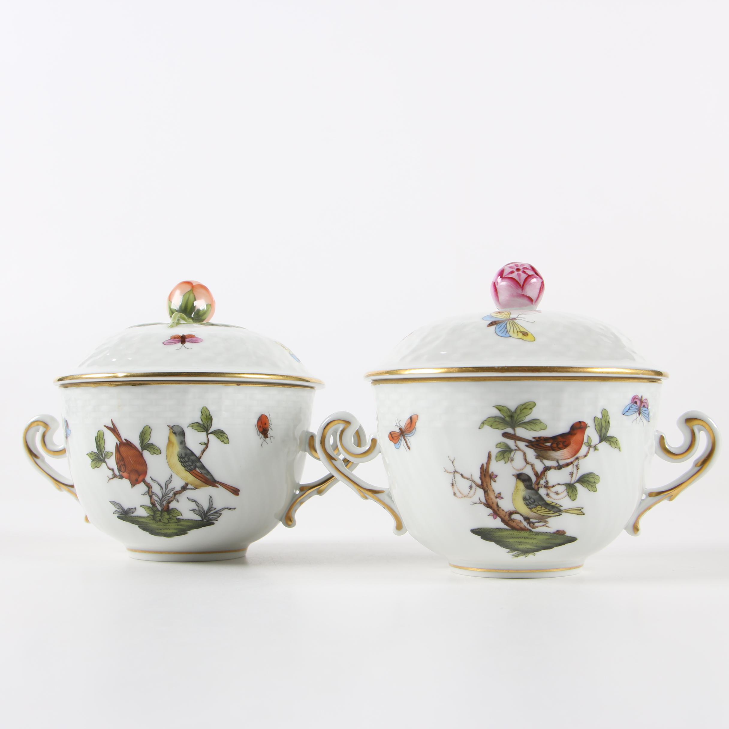 Herend "Rothschild Bird" Porcelain Lidded Bouillon Cups with Saucers