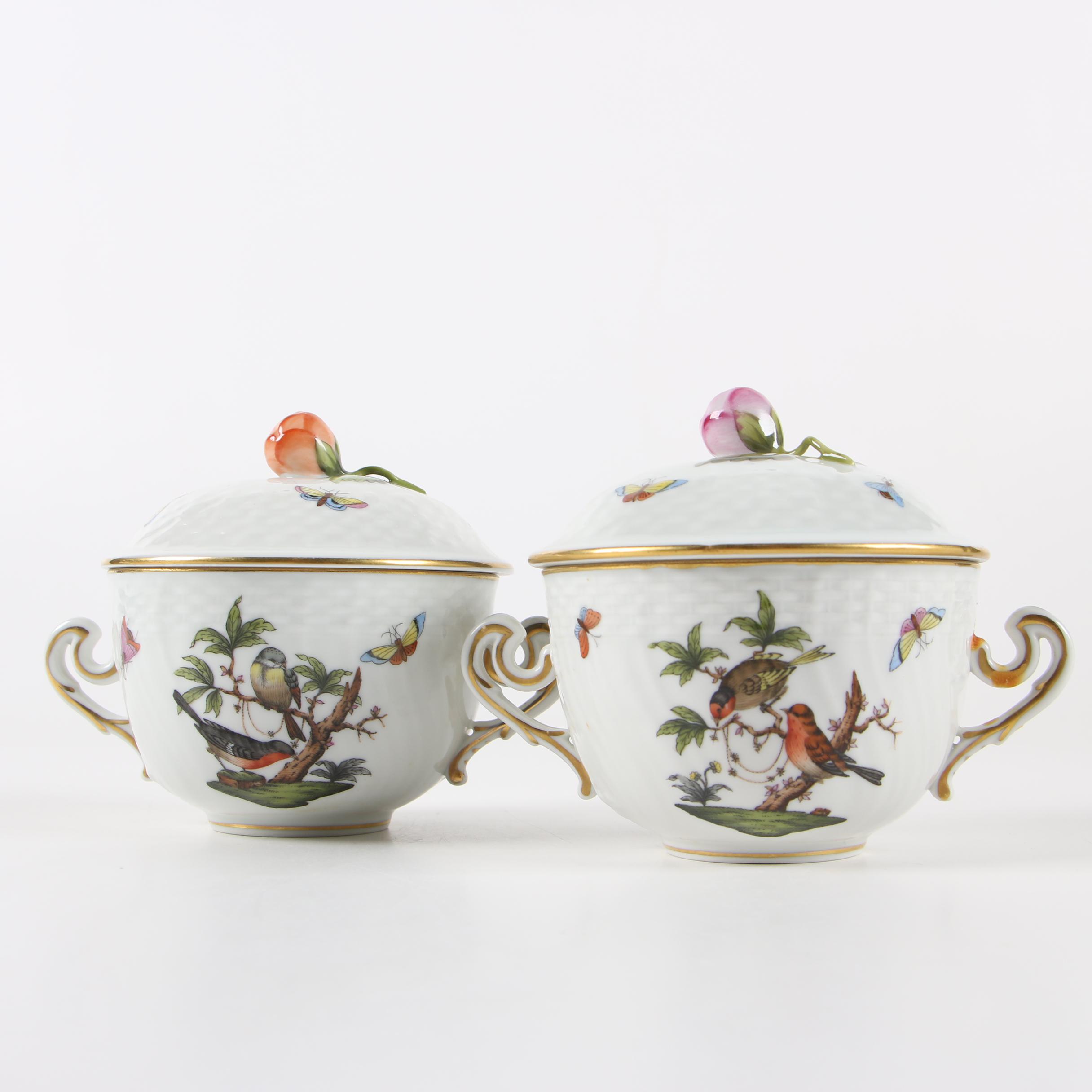 Herend "Rothschild Bird" Porcelain Lidded Bouillon Cups with Saucers