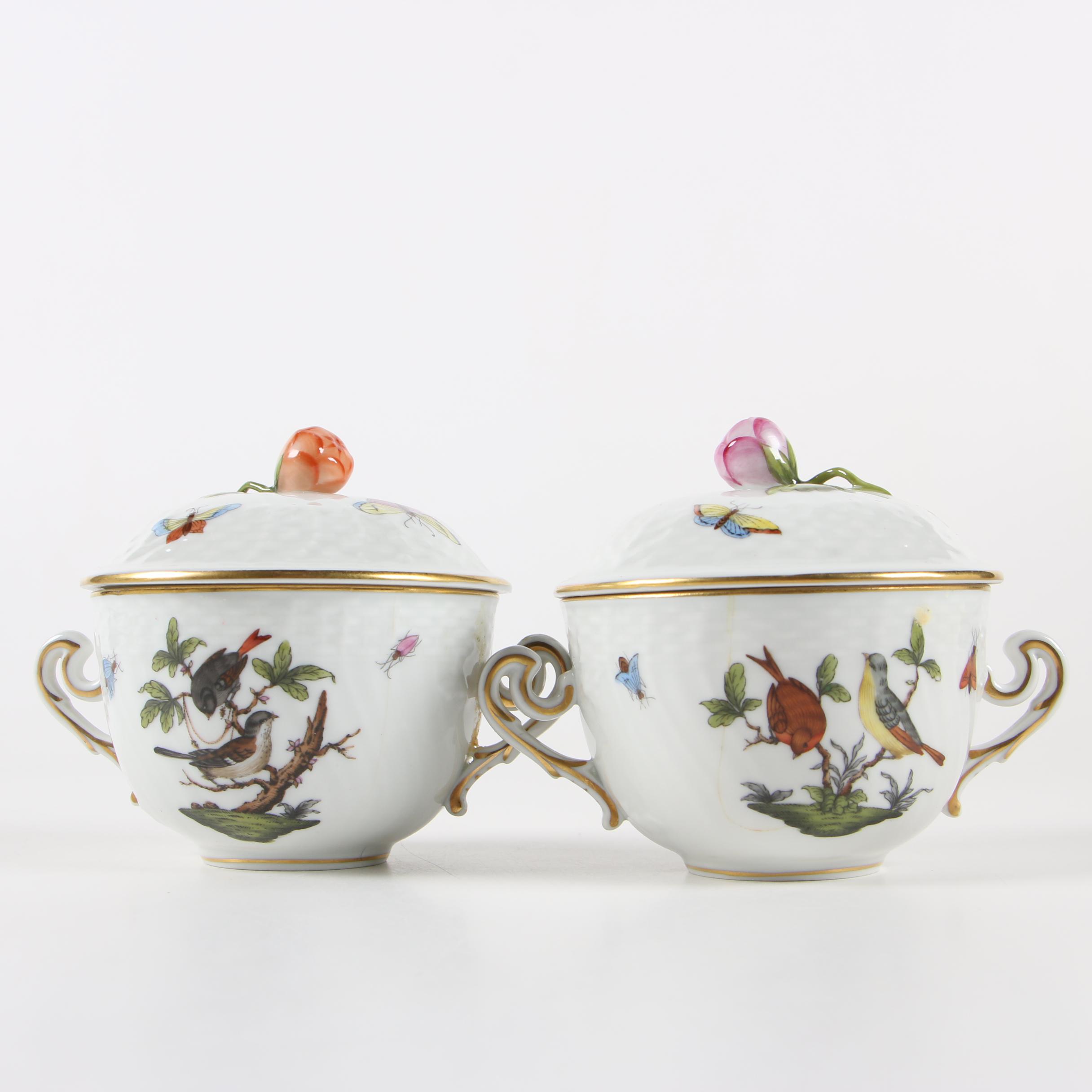 Herend "Rothschild Bird" Porcelain Lidded Bouillon Cups with Saucers