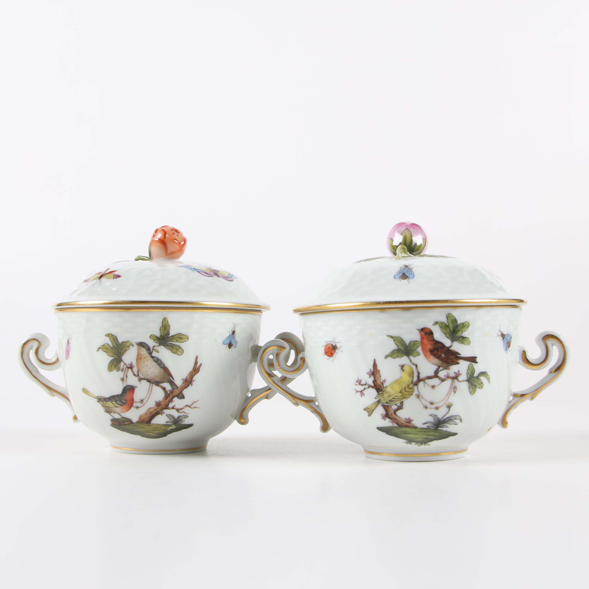Herend "Rothschild Bird" Porcelain Lidded Bouillon Cups with Saucers