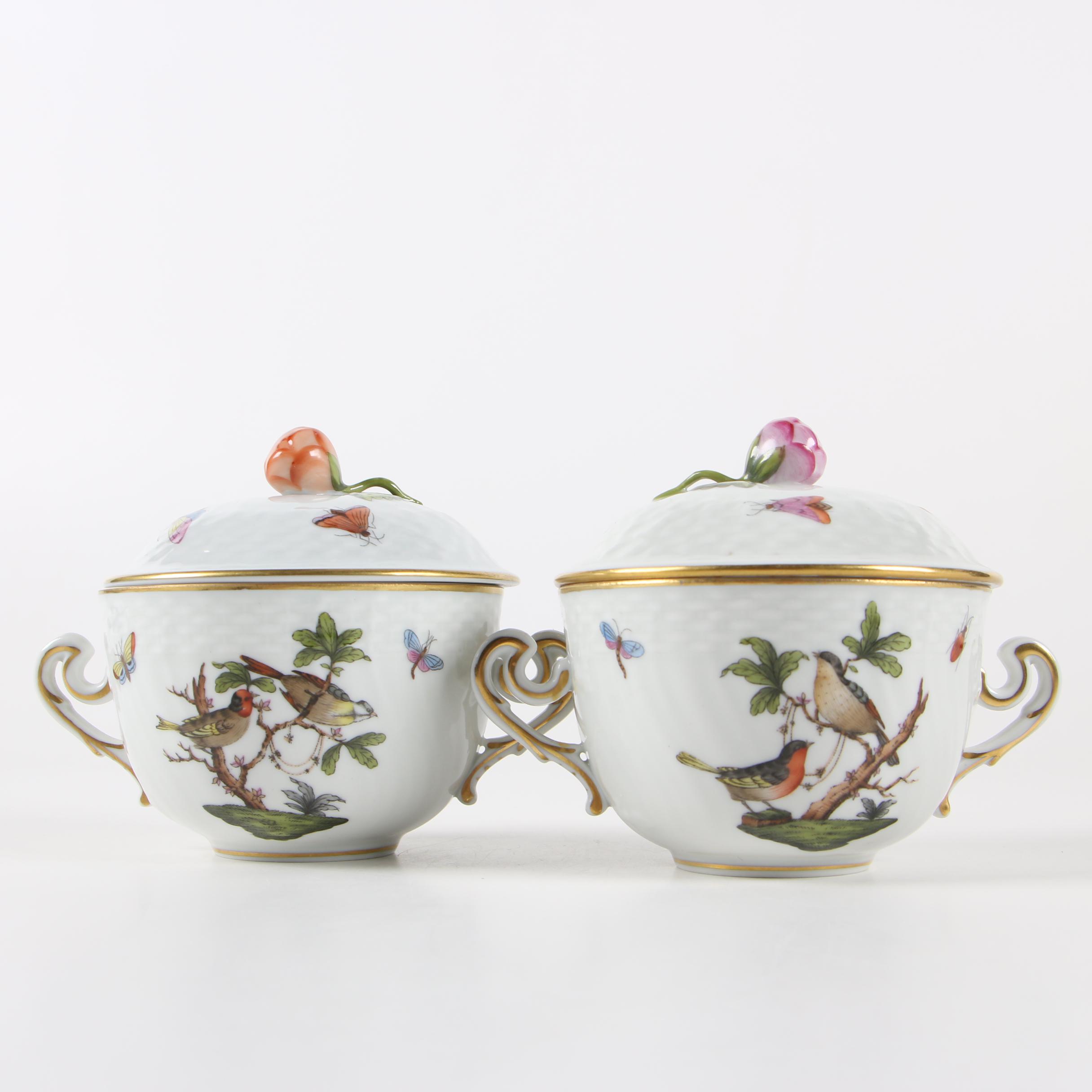 Herend "Rothschild Bird" Porcelain Lidded Bouillon Cups with Saucers
